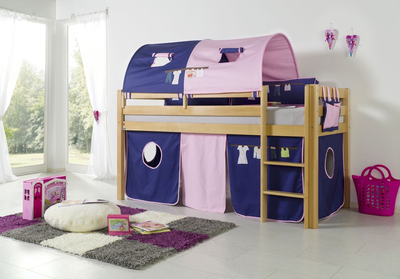 Relita Halbhohes Spielbett ALEX Buche massiv natur lackiert mit Stoffset Kleider Kleider/Violett
