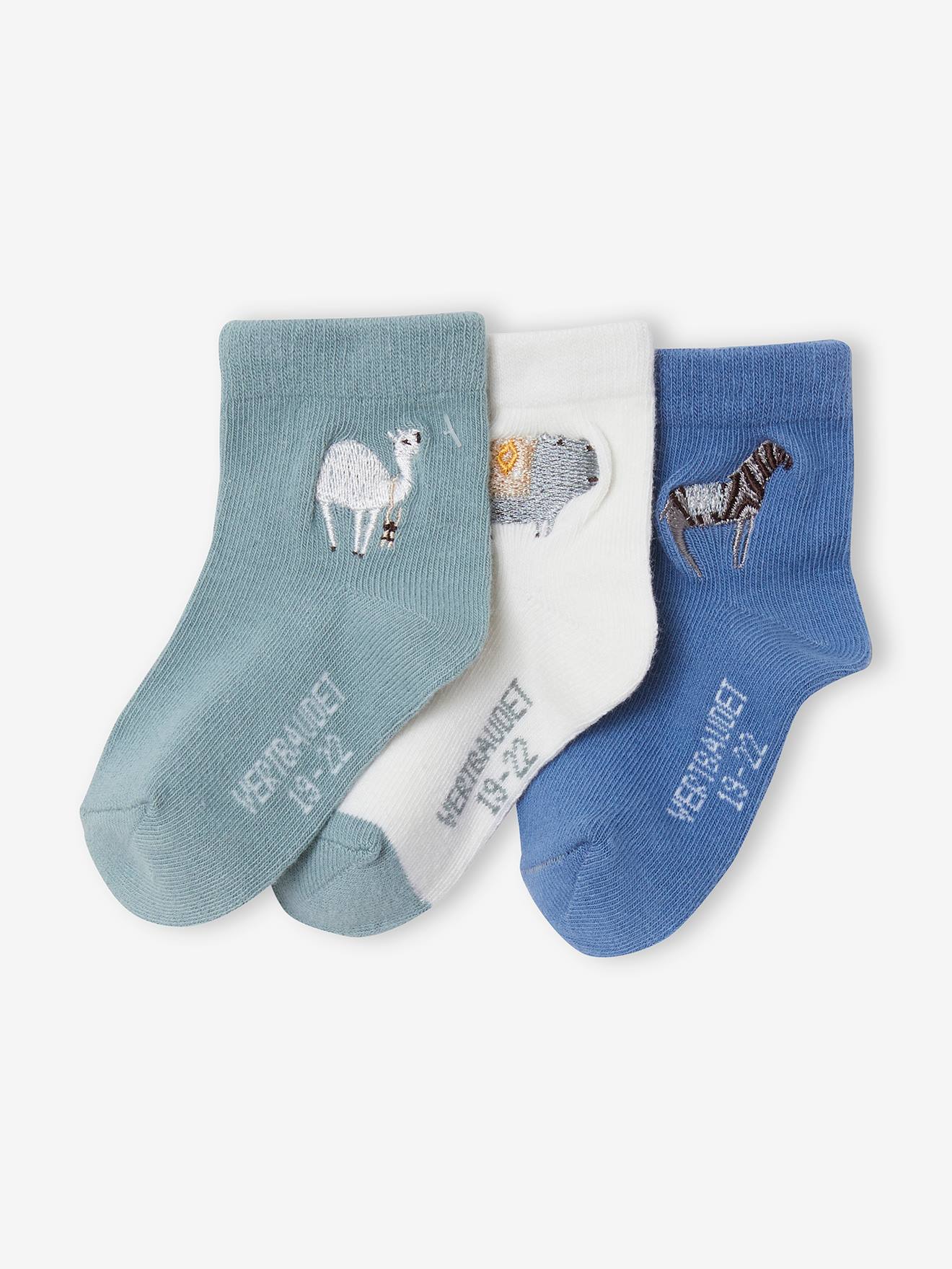 Lot de 3 paires de chaussettes animaux brodés bébé garçon lot tilleul