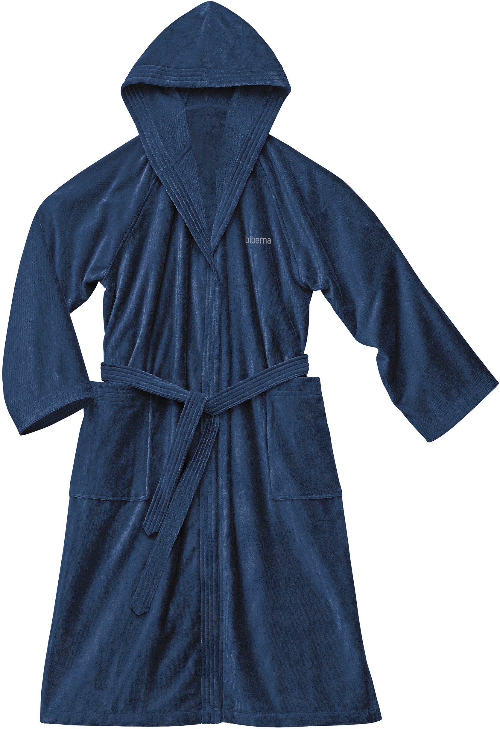 Biberna Unisex-Bademantel Meike, Langform, Frotteevelours, Kapuze, Gürtel, Velours Bademantel für Damen & Herren, mit Kapuze, feine Samt-Optik