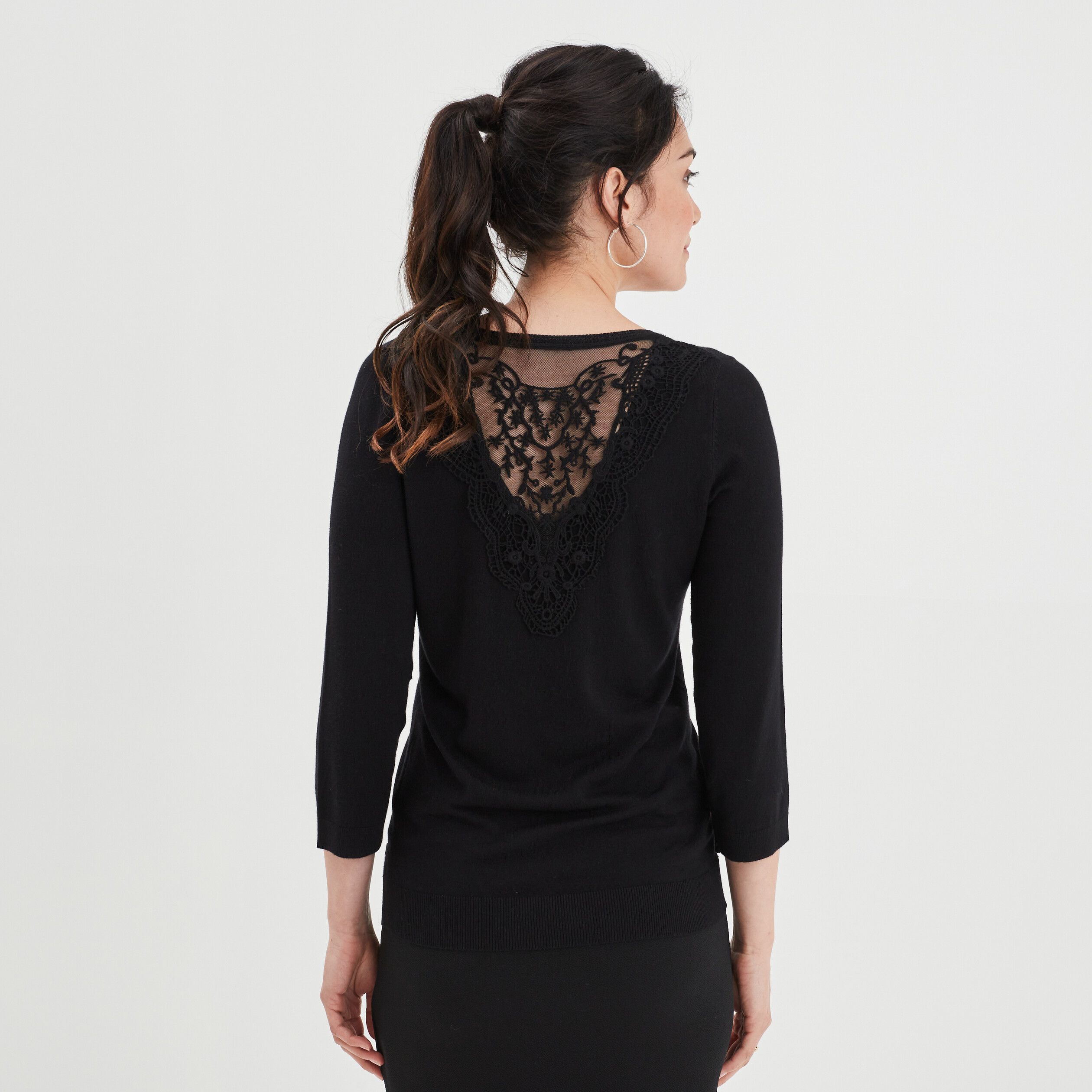 Pull dos dentelle manches 3 4 Mosquitos noir femme | La Halle