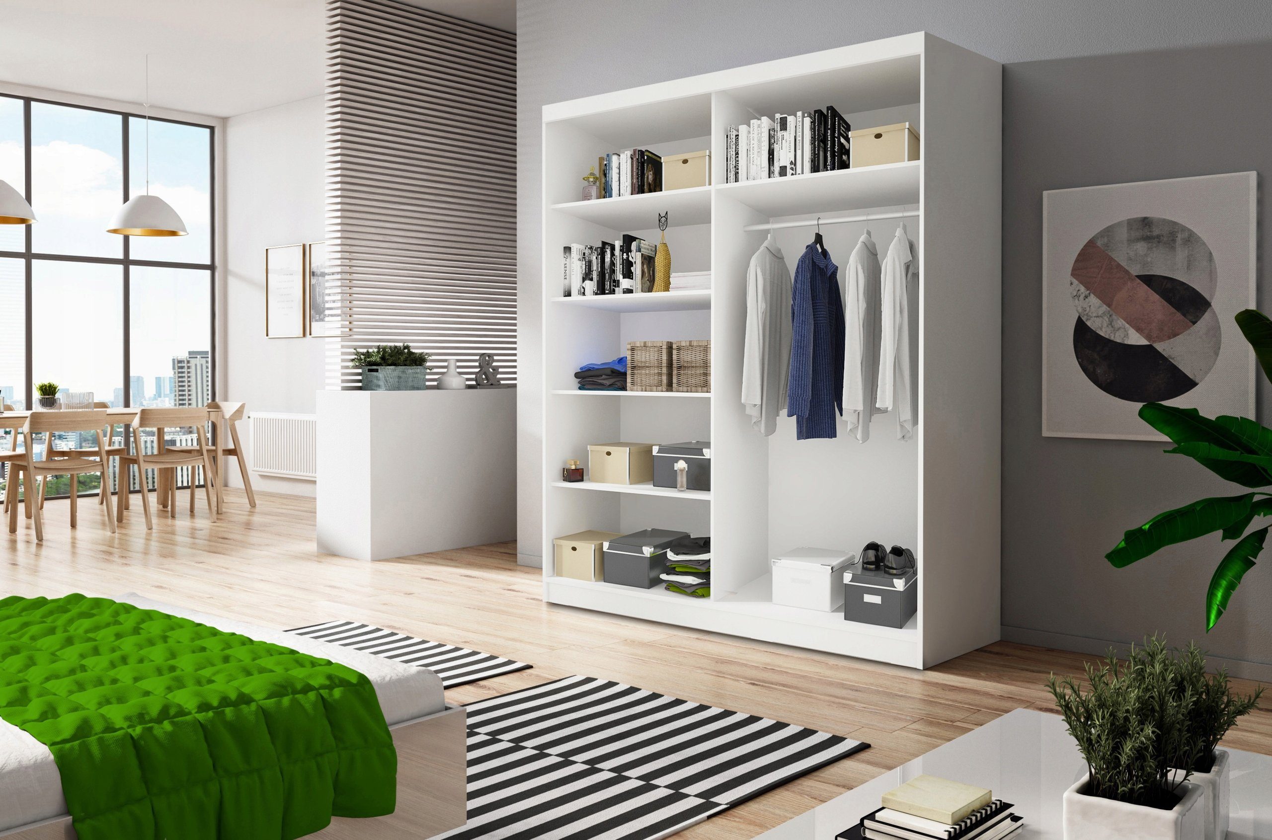 MOEBLO Kleiderschrank LABI (Schiebtüren Schlafzimmer Wohnzimmerschrank mit Lamellen und Spiegel, Schwebetürenschrank 2-türig Schrank mit Einlegeböden und Kleiderstange), (BxHxT): 150x200x61 cm