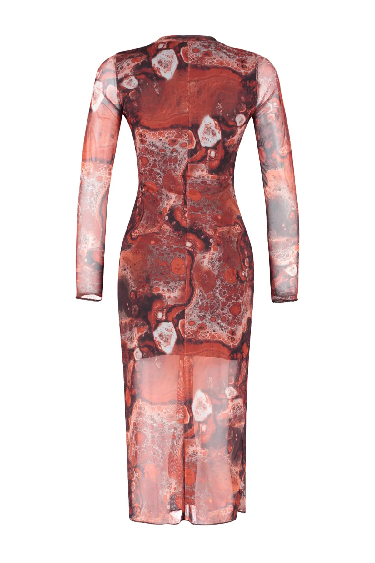Trendyol Collection  Braunes, bedrucktes, mit Tüll gefüttertes, figurbetontes, hochgeschlossenes Midi-Strickkleid TWOAW24EL00165