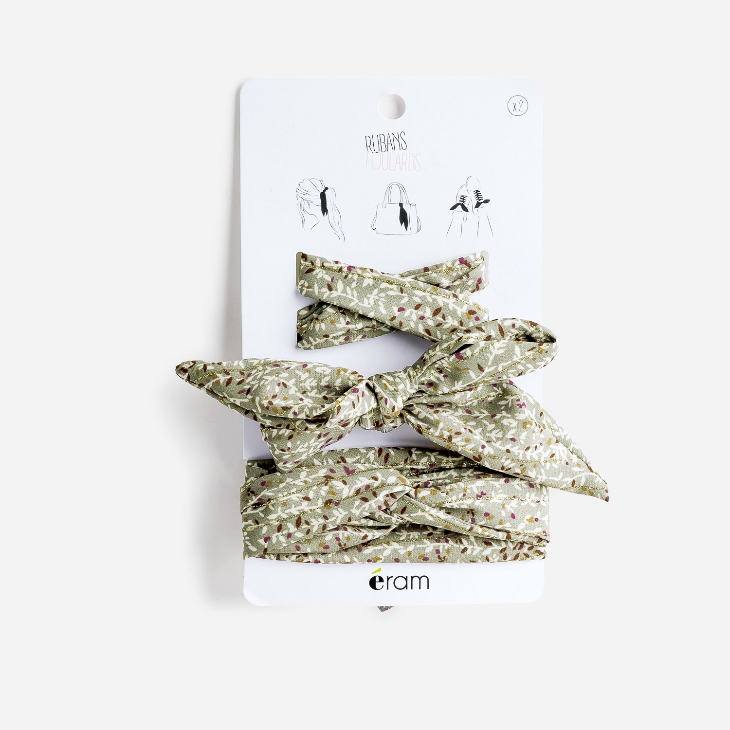 Rubans-foulards vert sauge à imprimé feuilles