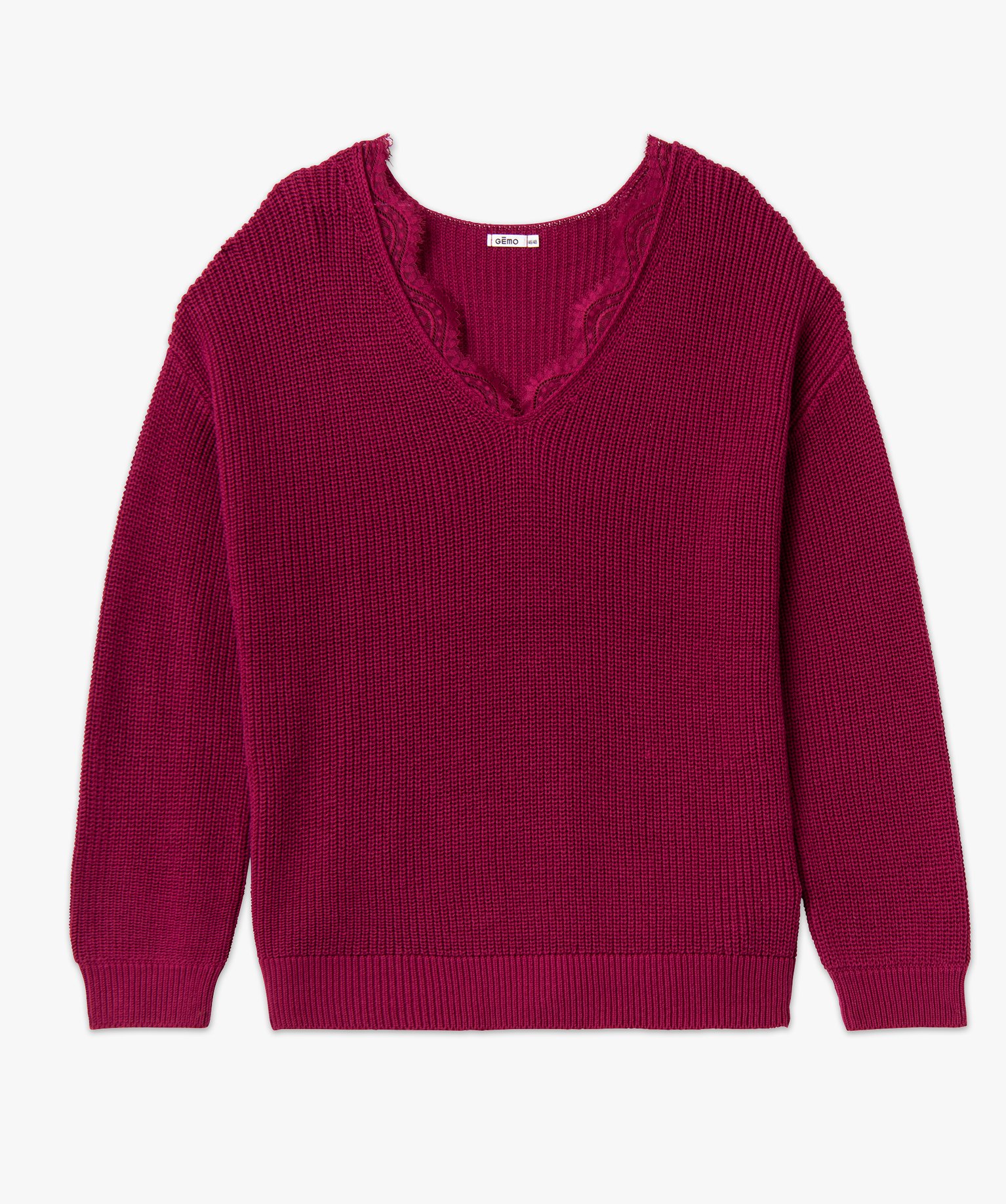 Pull grosse maille avec décolleté V en dentelle femme gran... bordeaux | GEMO