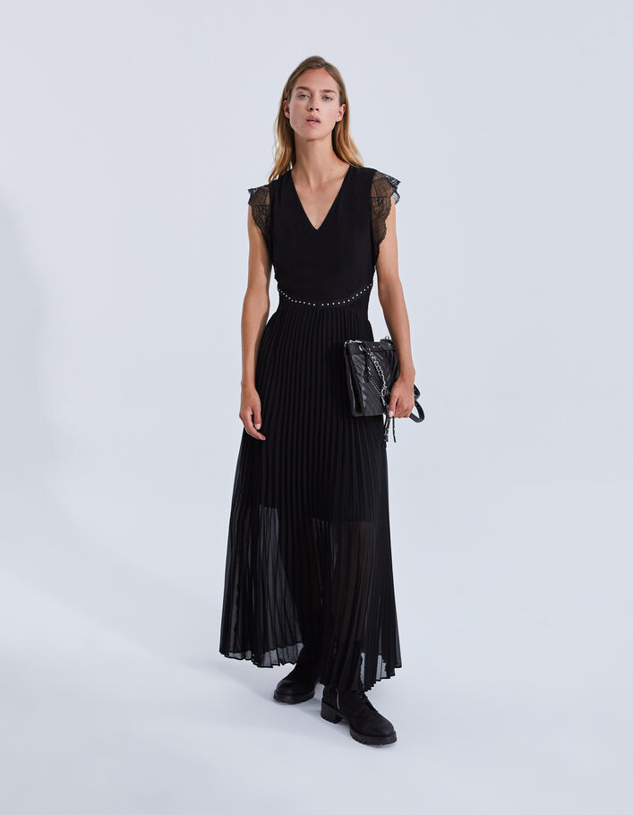 Robe longue noire plissée recyclée Femme