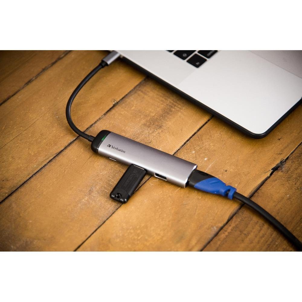 Verbatim USB-C Multiport-Hub 49140 USB-Adapter, 15 cm, USB 3.0, HDMI, Schnellladeanschluss, für Notebook Smartphone, silber