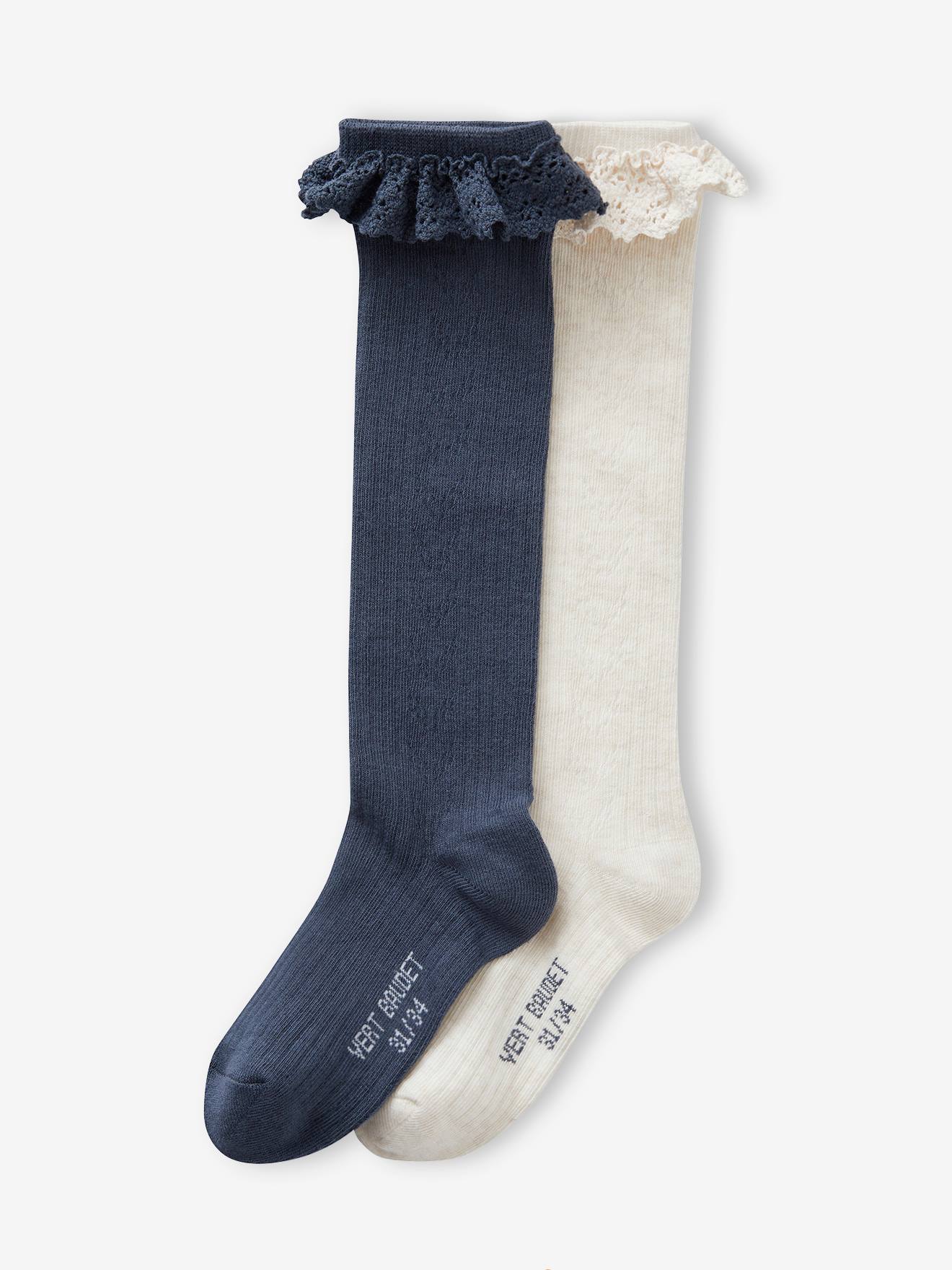 Lot de 2 paires de chaussettes hautes en maille ajourée et dentelle fille marine