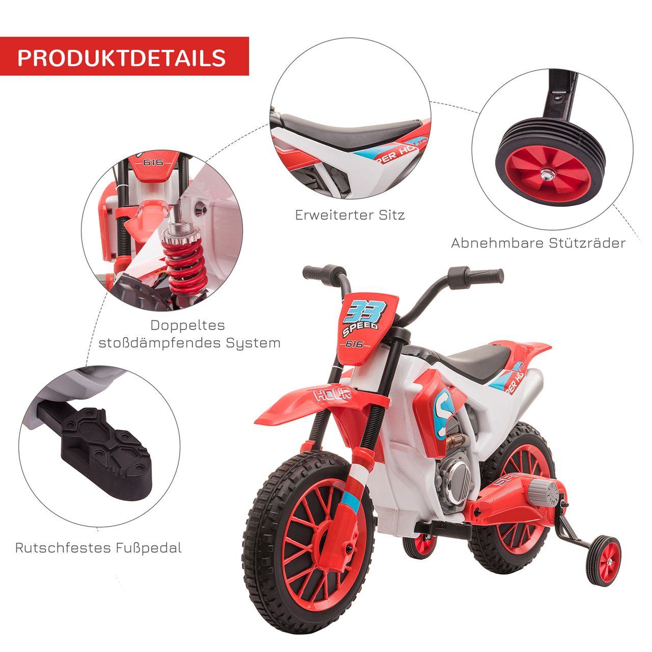 HOMCOM Elektromotorrad Kindermotorrad Kinderfahrzeug Elektrofahrzeug mit 2 abnehmbaren Stützrädern für Kinder ab 3 Jahren PP Metall Rot Weiß 106,5 x 51,5 x 68 cm