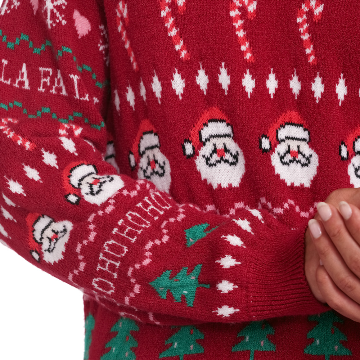Damen Weihnachtspullover mit Allover-Motiv dunkelrot / grün / weiss