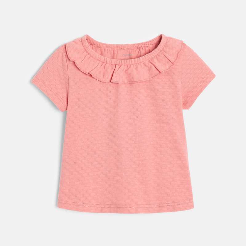 T-shirt col volanté maille fantaisie rose bébé fille