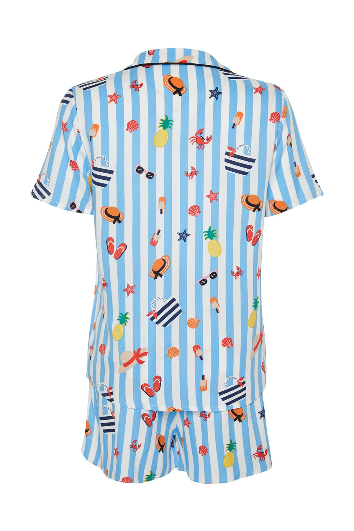 Trendyol Collection  Blau-mehrfarbig gemusterte Paspelierung, detailliertes Viskose-Webpyjama-Set THMSS24PT00122
