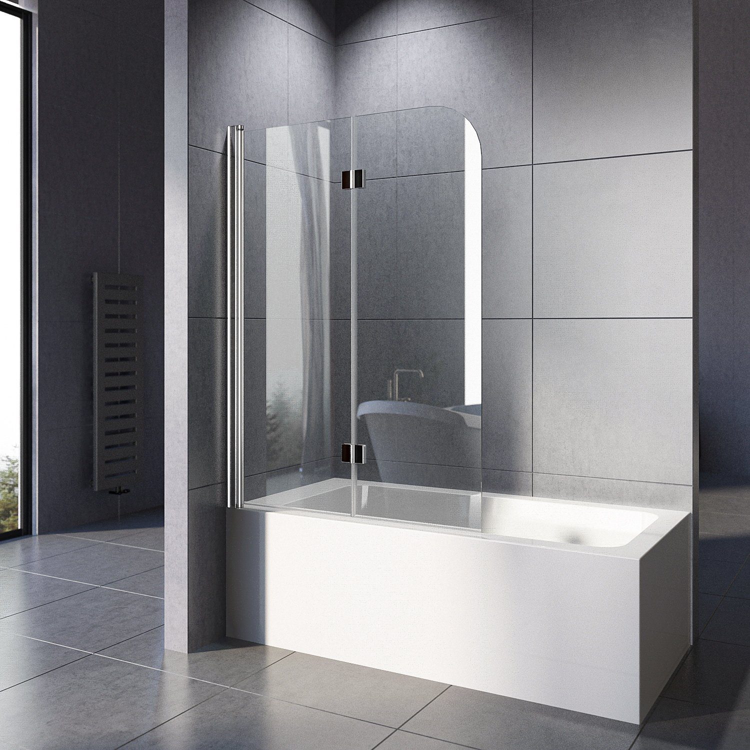 Boromal Badewannenaufsatz Duschwand für Badewanne Glas 2-teilig 100x140 Schwarz / Chrom Glaswand, (Klarglas /Teilsatiniert glas), Badewannenfaltwand Glaswand 6mm ESG Glas