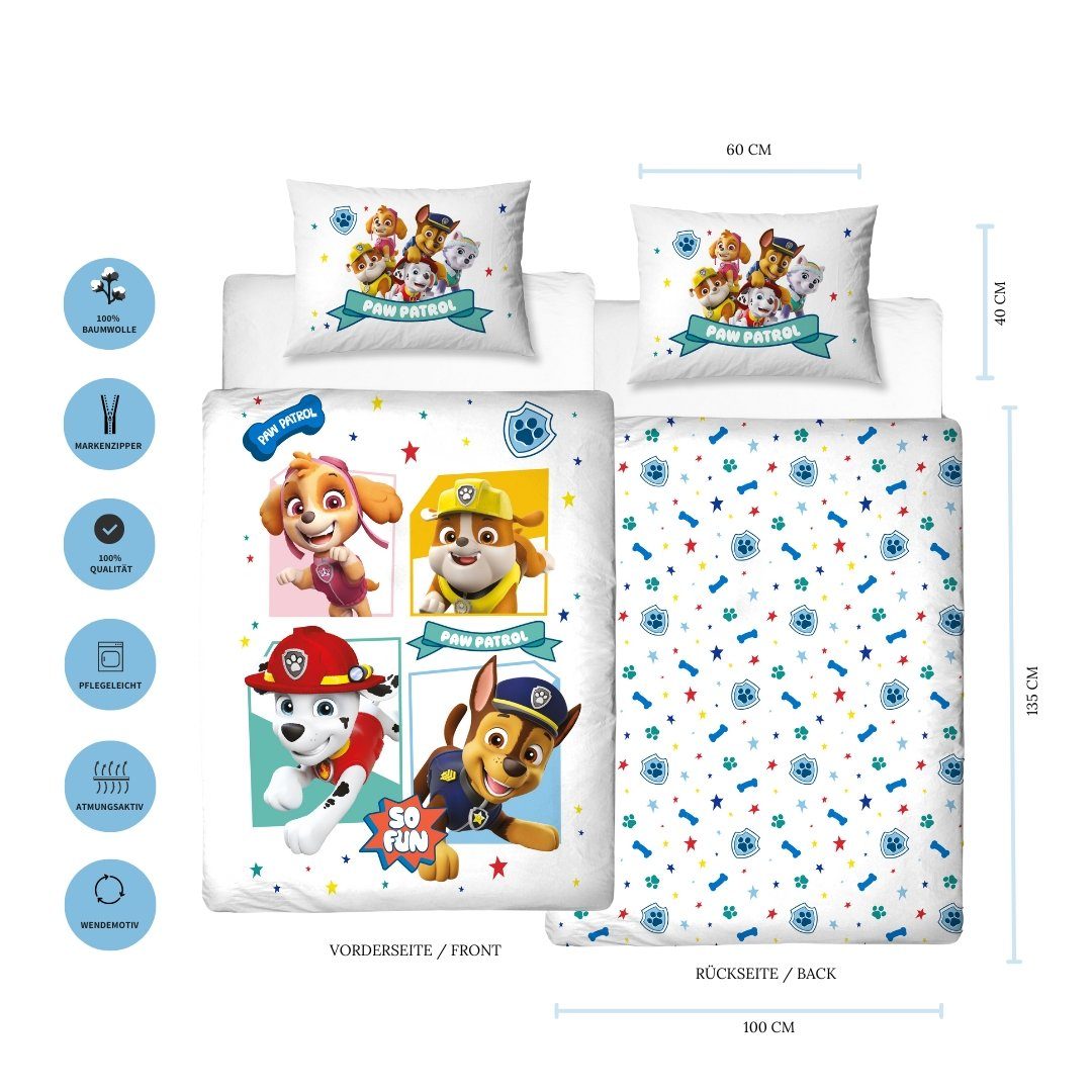 Kinderbettwäsche Paw Patrol 100x135 + 40x60 cm, 100 % Baumwolle, MTOnlinehandel, Flanell / Biber, 2 teilig, Paw Patrol Bettwäsche für Kinder & Baby