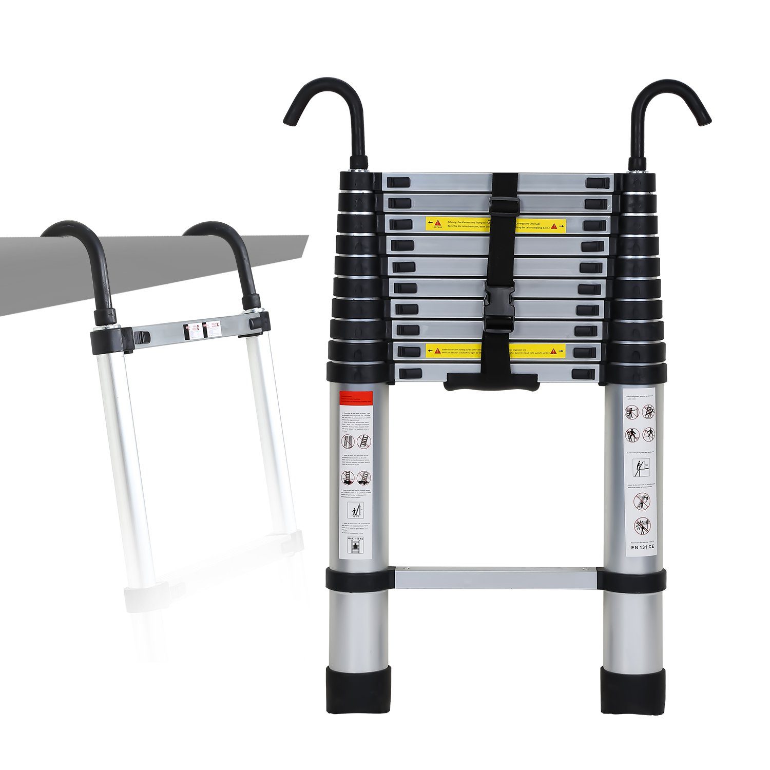 Lospitch Teleskopleiter Teleskopleiter Alu 3.2m Ausziehleiter Anlegeleiter mit haken Silber