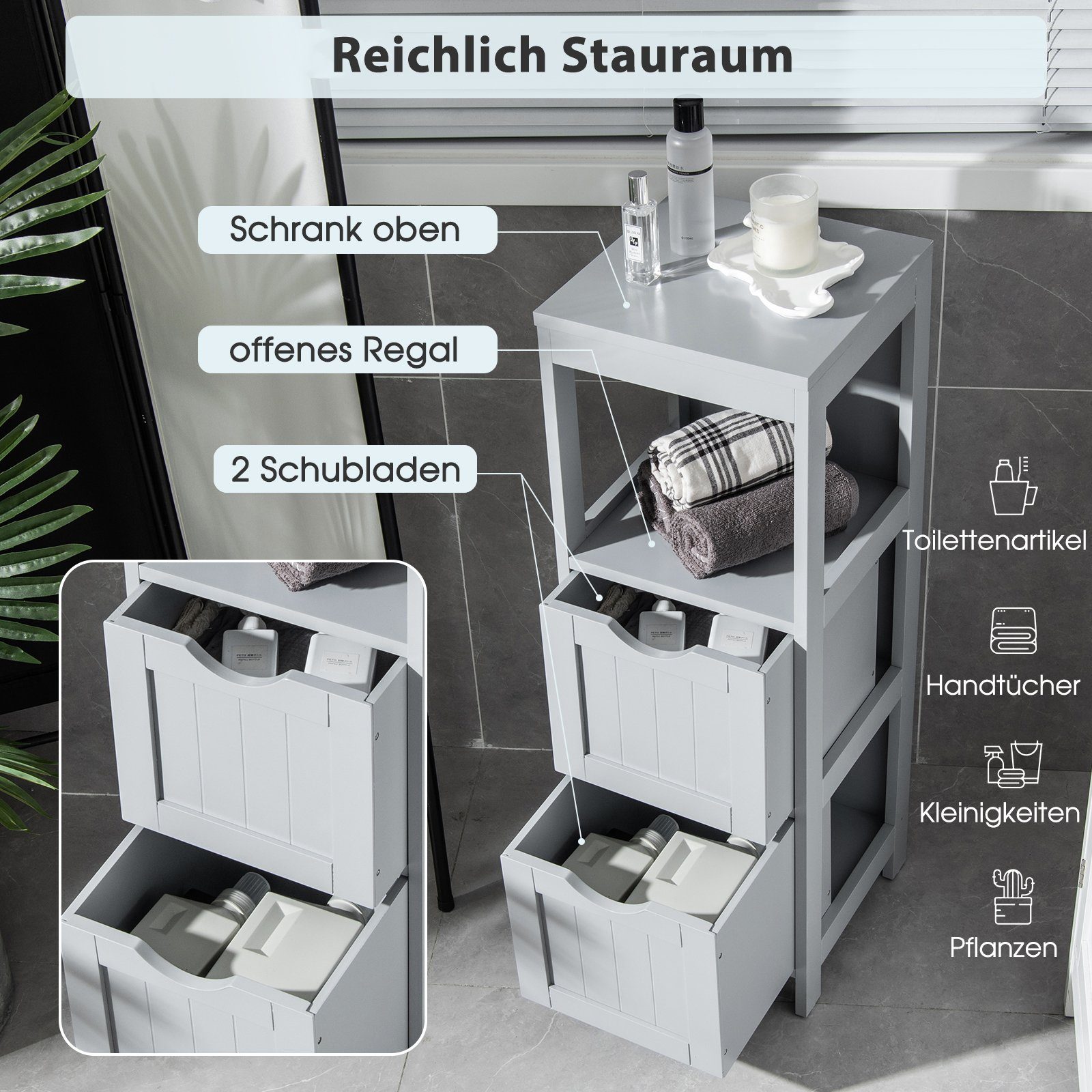 COSTWAY Badkommode, Badezimmerschrank, mit 2 Schubladen & Regal, 30x30x90cm