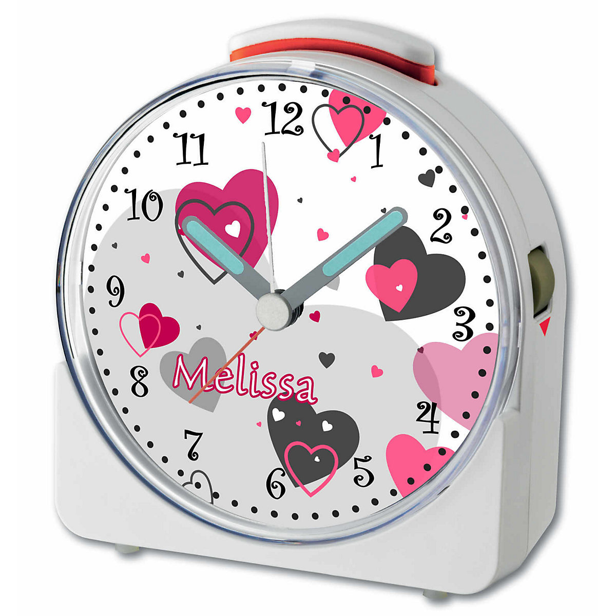 Kinder Funkwecker weiß personalisiert mit Namen Herz Rosa Grau 12-Stunden-Anzeigeformat, Geräuschlos/Ohne Ticken, Nachtlicht