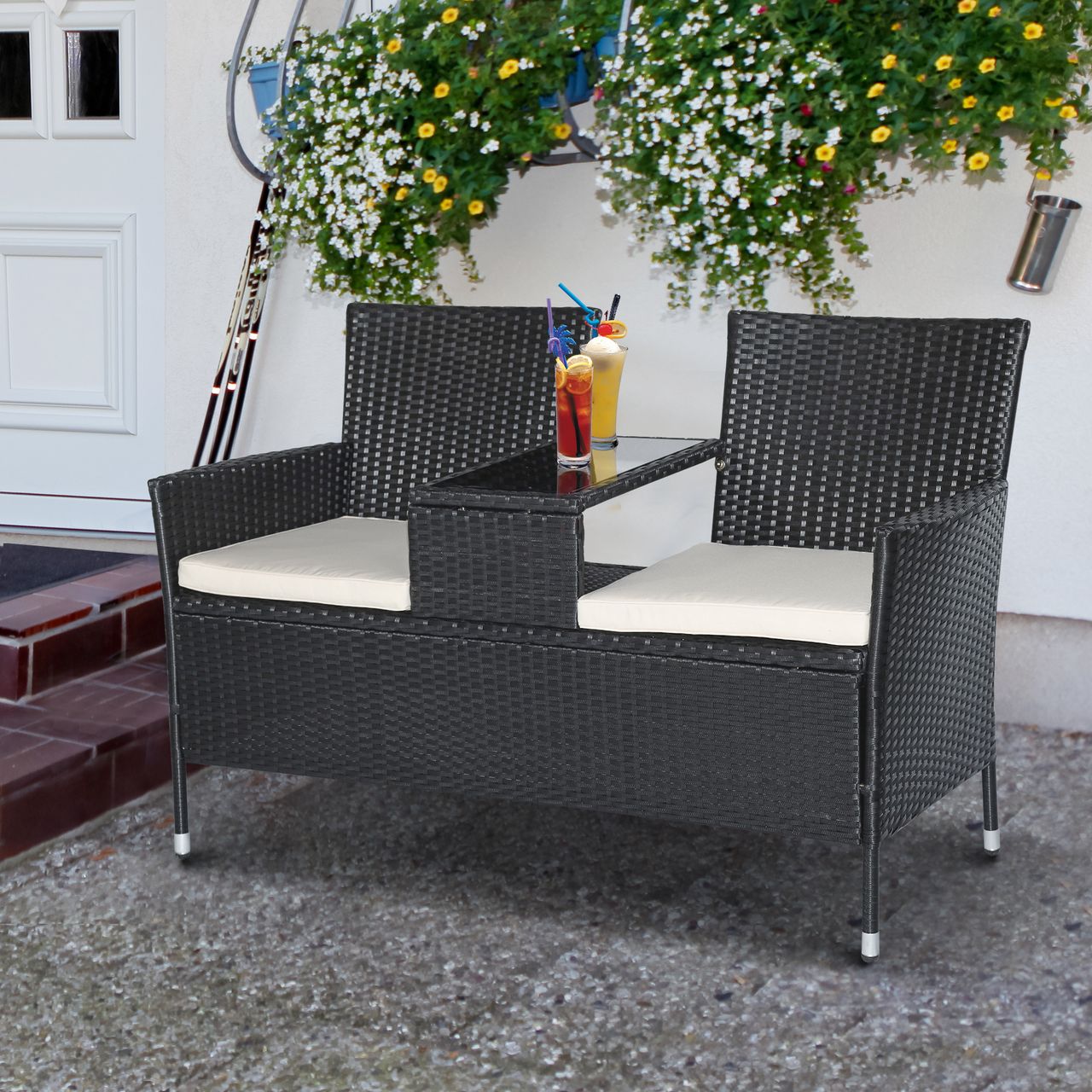 Outsunny Polyrattan Gartenbank Gartensofa Sitzbank mit Tisch 2-Sitzer Stahl Schwarz B133 x T63 x H84cm