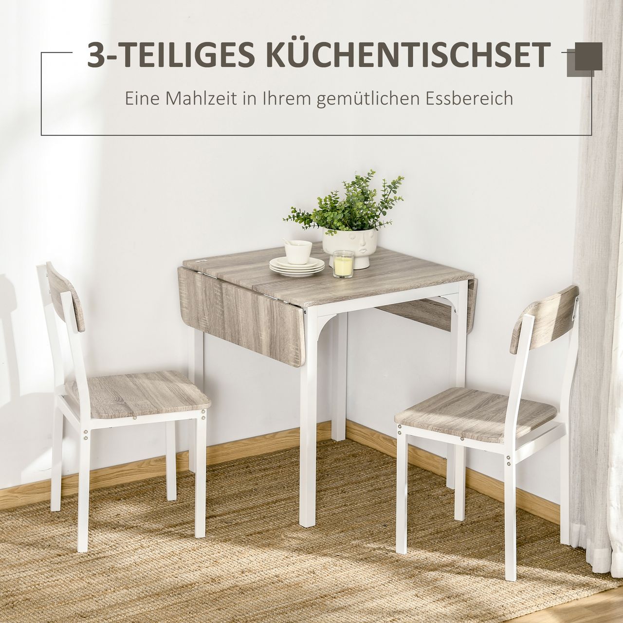 HOMCOM 3 TLG Esszimmergruppe Essgruppe mit 2 Stühlen und 1 Tisch Esstisch Set mit Klappbarer Tischplatte für Küche kleine Raume Stahl MDF Natur Weiß 110 x 70 x 75 cm