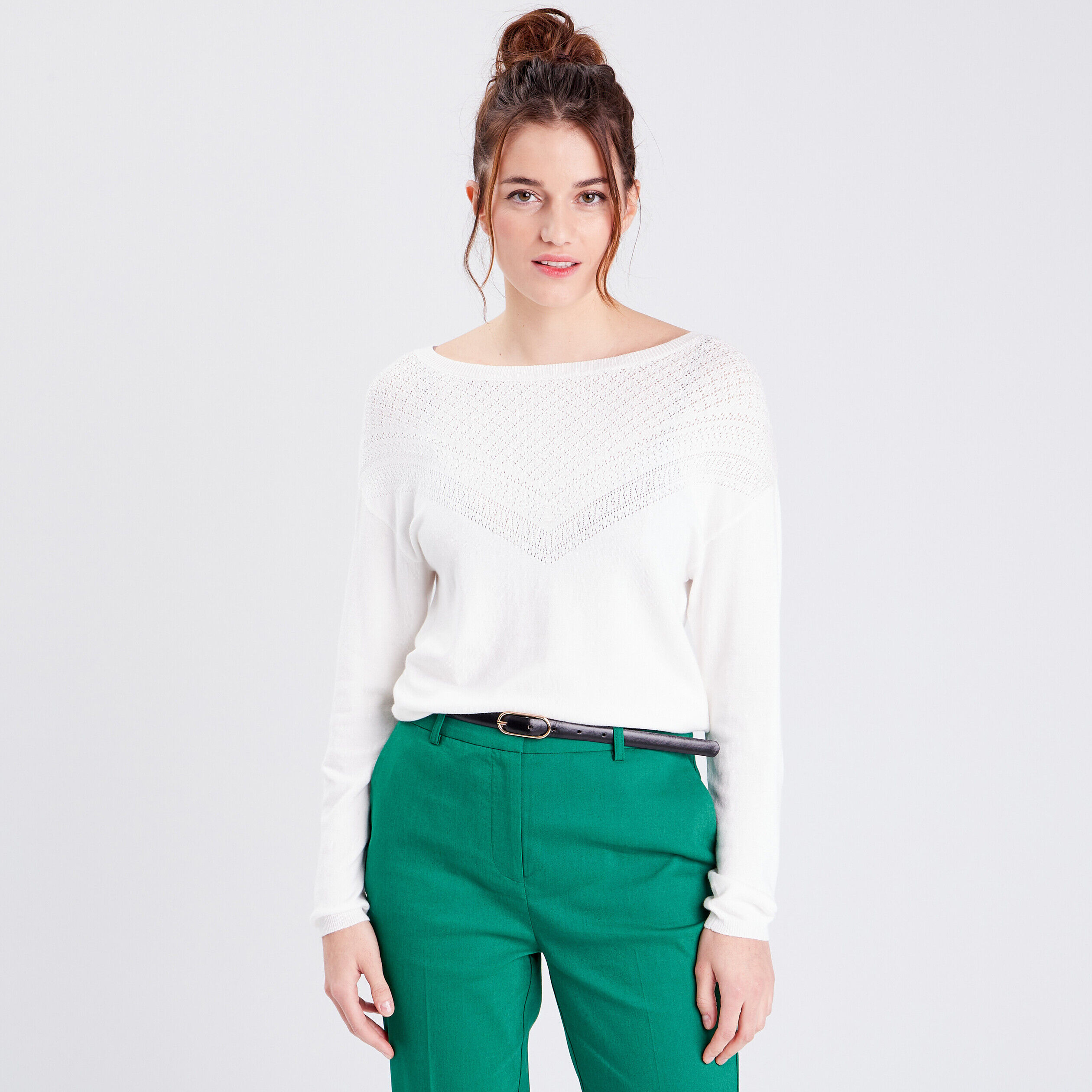 Pull ajouré avec col rond ecru femme | Cache Cache