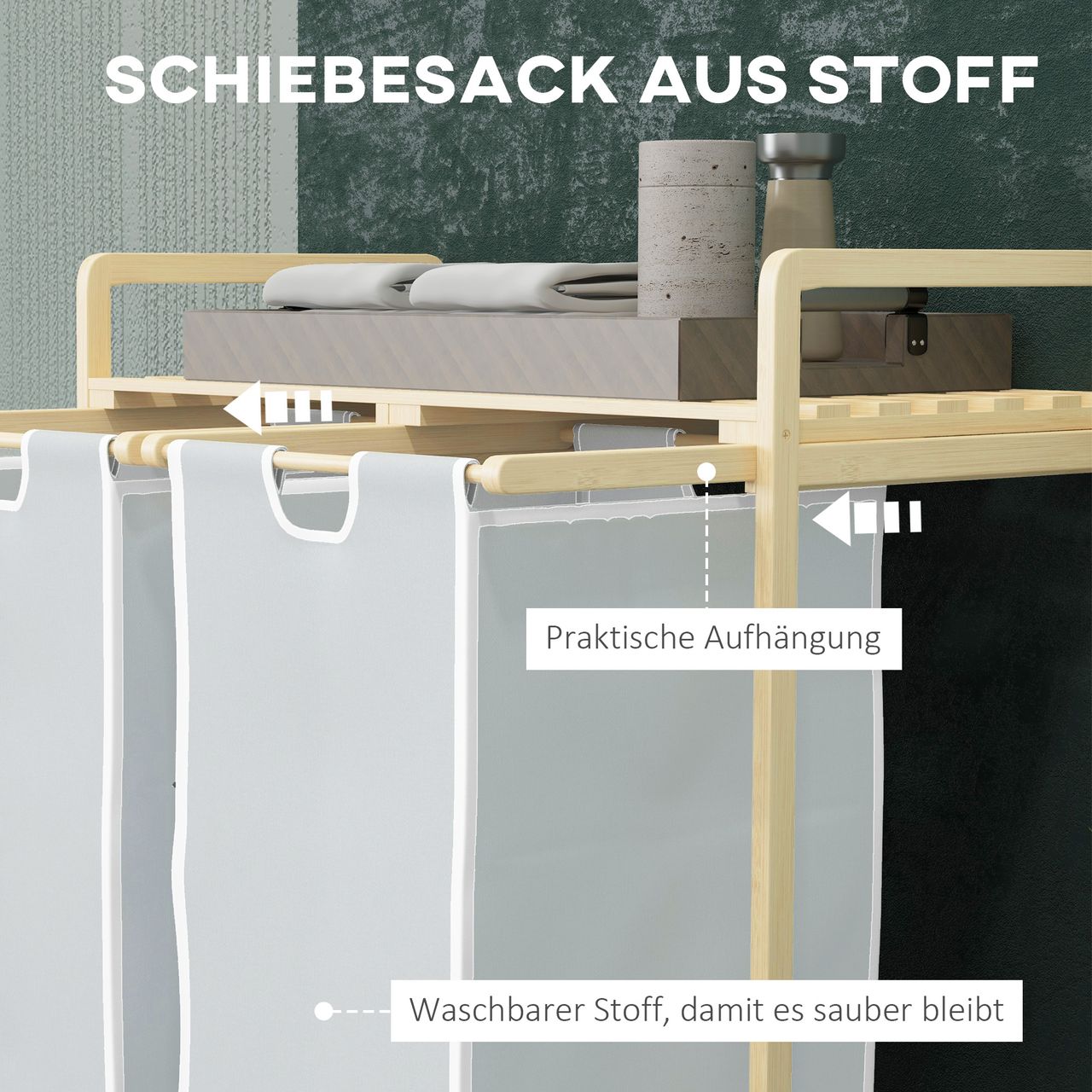 HOMCOM Wäschekorb Wäschebox mit 2 abnehmbaren Wäschesacke Wäschesortierer Bambus
