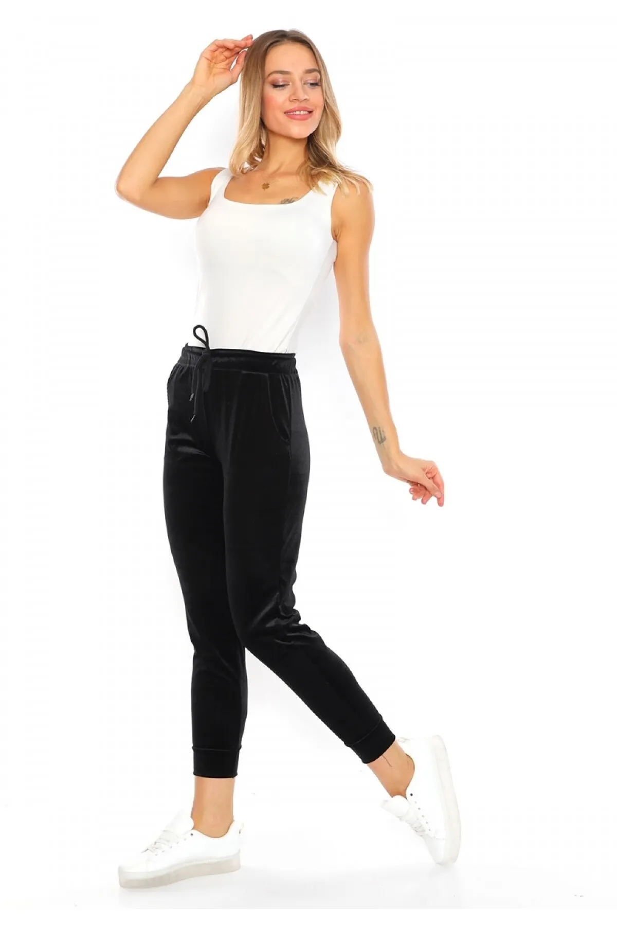 Alışveriş Sokağı  Samt Jogginghose Schwarz Hohe Taille