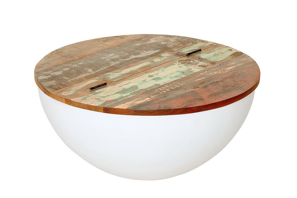 riess-ambiente Couchtisch JAKARTA 70cm weiß / natur, Wohnzimmer · recyceltes Massivholz · rund · mit Fach · Metall · Boho