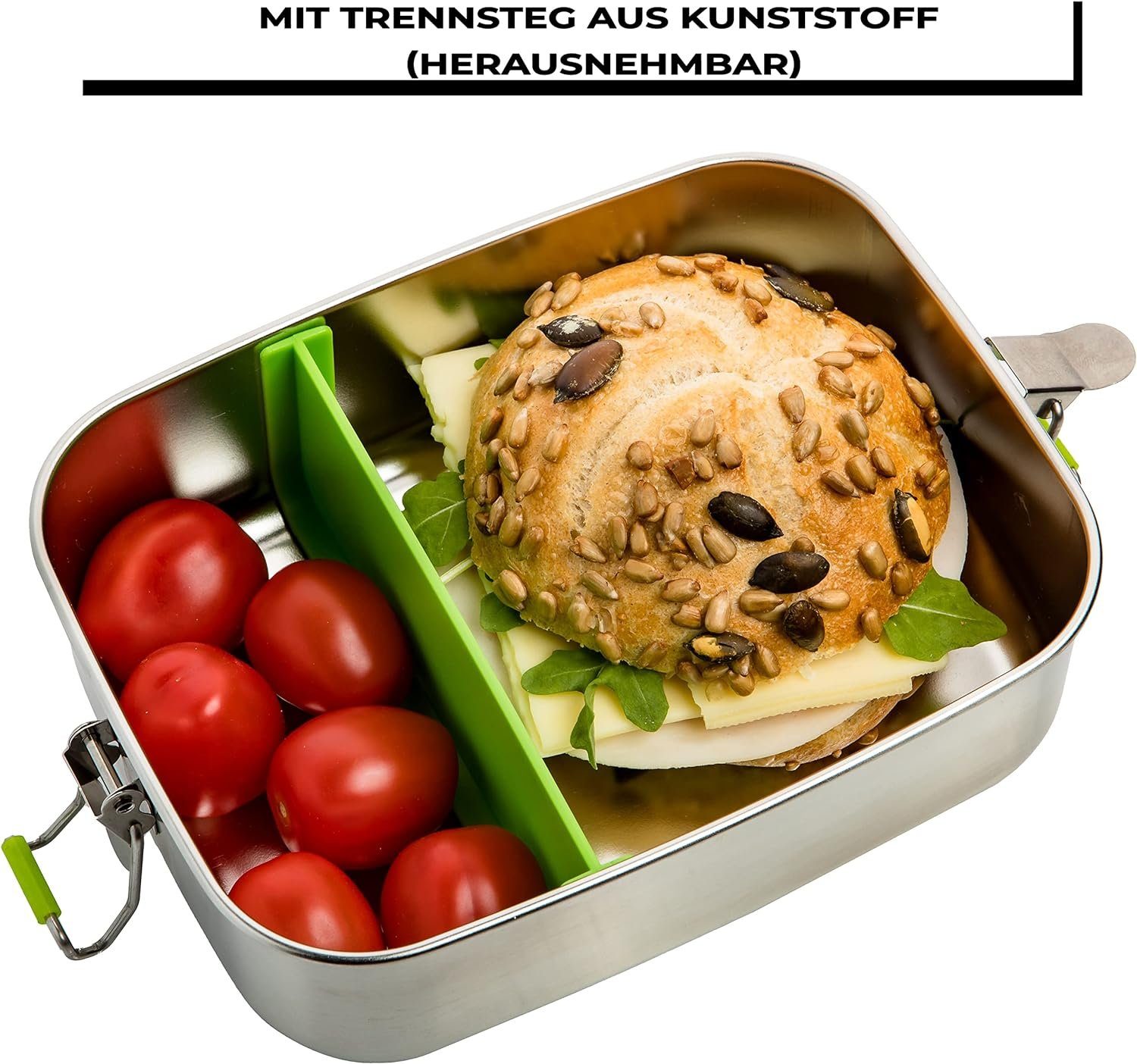 Centi Lunchbox 2er Set Brotdose Edelstahl mit Fächern, 1l Brotzeitbox, Edelstahl, (20 x 14 x 6 cm), Brotdose für Erwachsene und Kinder mit Dichtung und Bügel-Verschluss