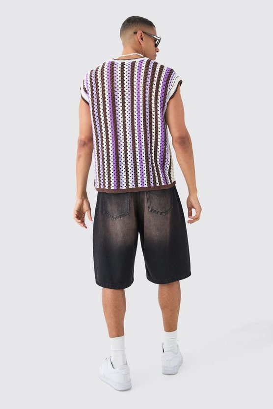 Kastiges gestreiftes Oversize Pullunder mit V-Ausschnitt