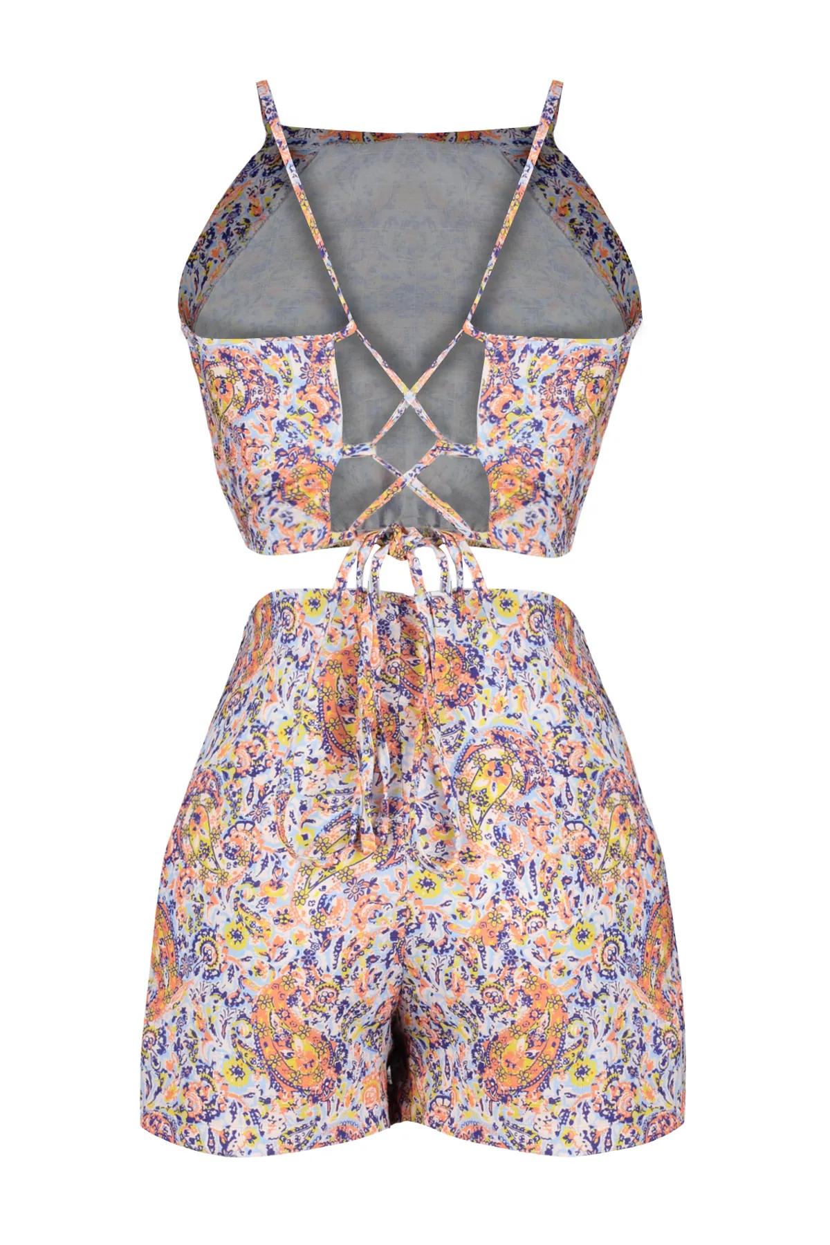 Trendyol Collection  Blaue Neckholder-Bluse und Mini-Shorts-Rock, gemustertes gewebtes Bottom-Top-Set TWOSS22AU00005