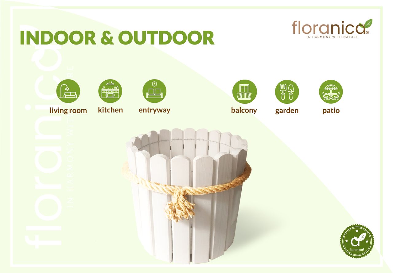 Pemicont Floranica Runder Blumentopf aus Holz 33x30cm Weiß Imprägniertes Kiefernholz Schutzhülle für Kräuter Blumen Haus- und Gartendekoration Truhe Für den Innen- und Außenbereich EU-Produkt