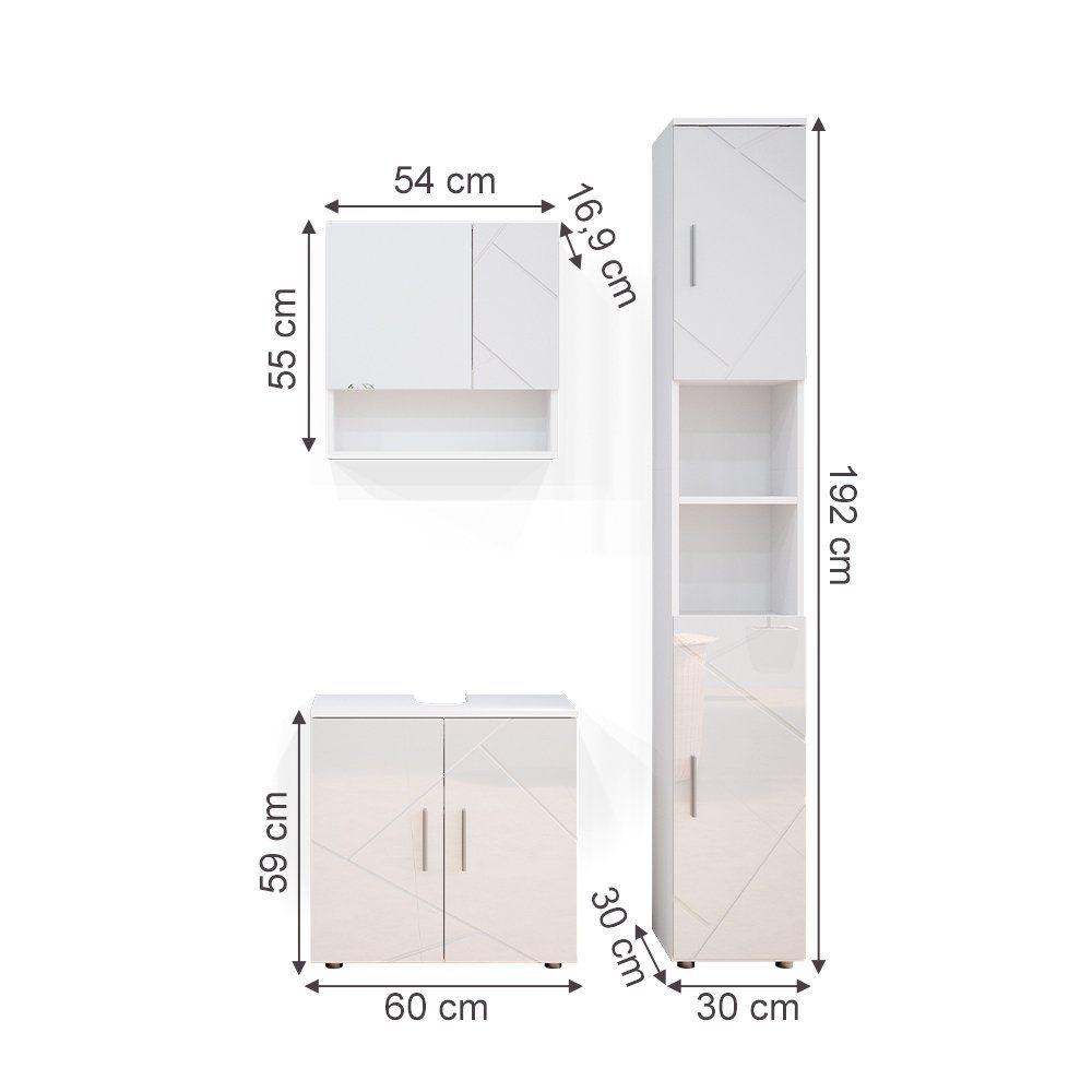 Vicco Badmöbel-Set Badezimmerset IRMA Weiß Hochglanz Set 3, (3-er Set, 3-St., 3-er Set)