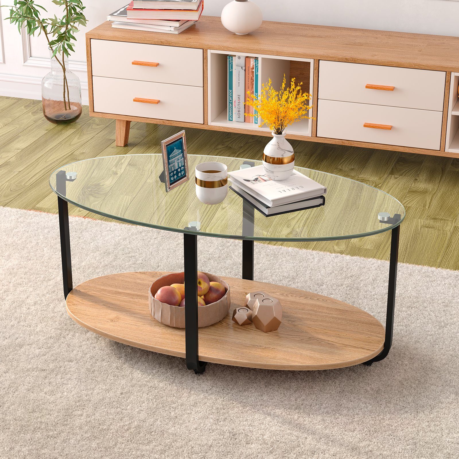 COSTWAY Couchtisch, Glas 2 Ebene mit Stauraum, Metallrahmen, oval, 95x50x44cm