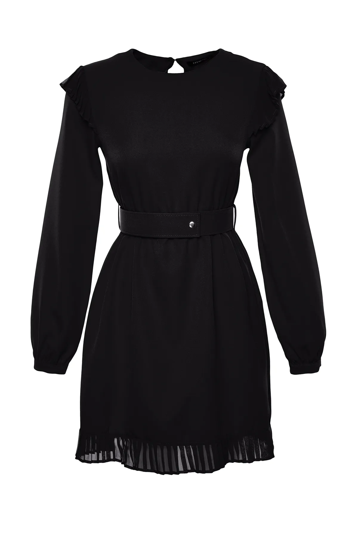 Trendyol Collection  Schwarzes, gewebtes Kleid mit Rüschen und Gürtel TWOAW24EL00588