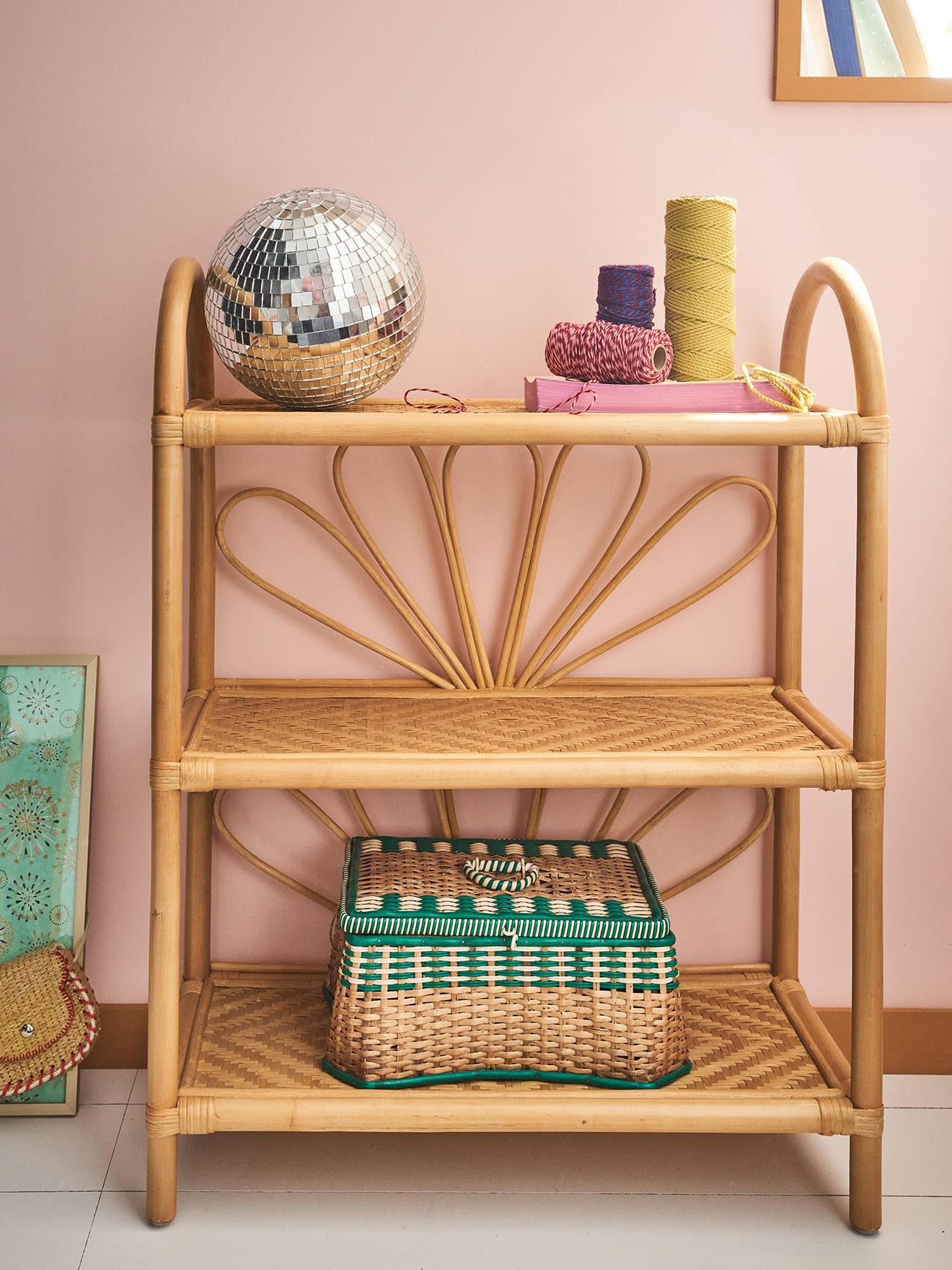 Vertbaudet Kinderzimmer Regal mit 3 Böden, Rattan BOHO - natur/blumenform