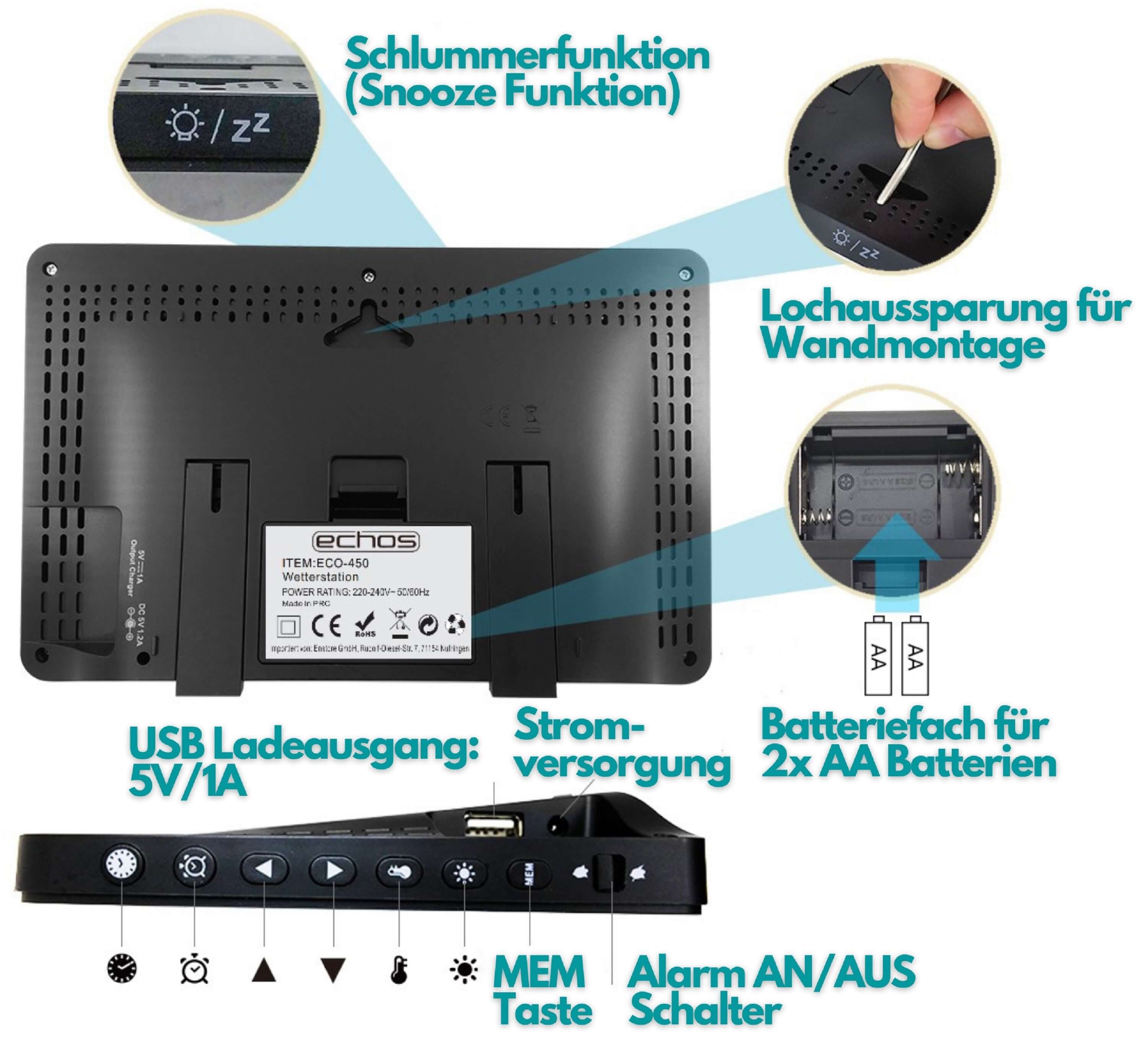echos Eco-450 Funkwetterstation (mit Funk-Außensensor, Wettervorhersage mit Kalender, Mondphasenanzeige, Farbdisplay mit Dimmfunktion, Alarmfunktion, Funk-Außensensor mit LCD-Display)