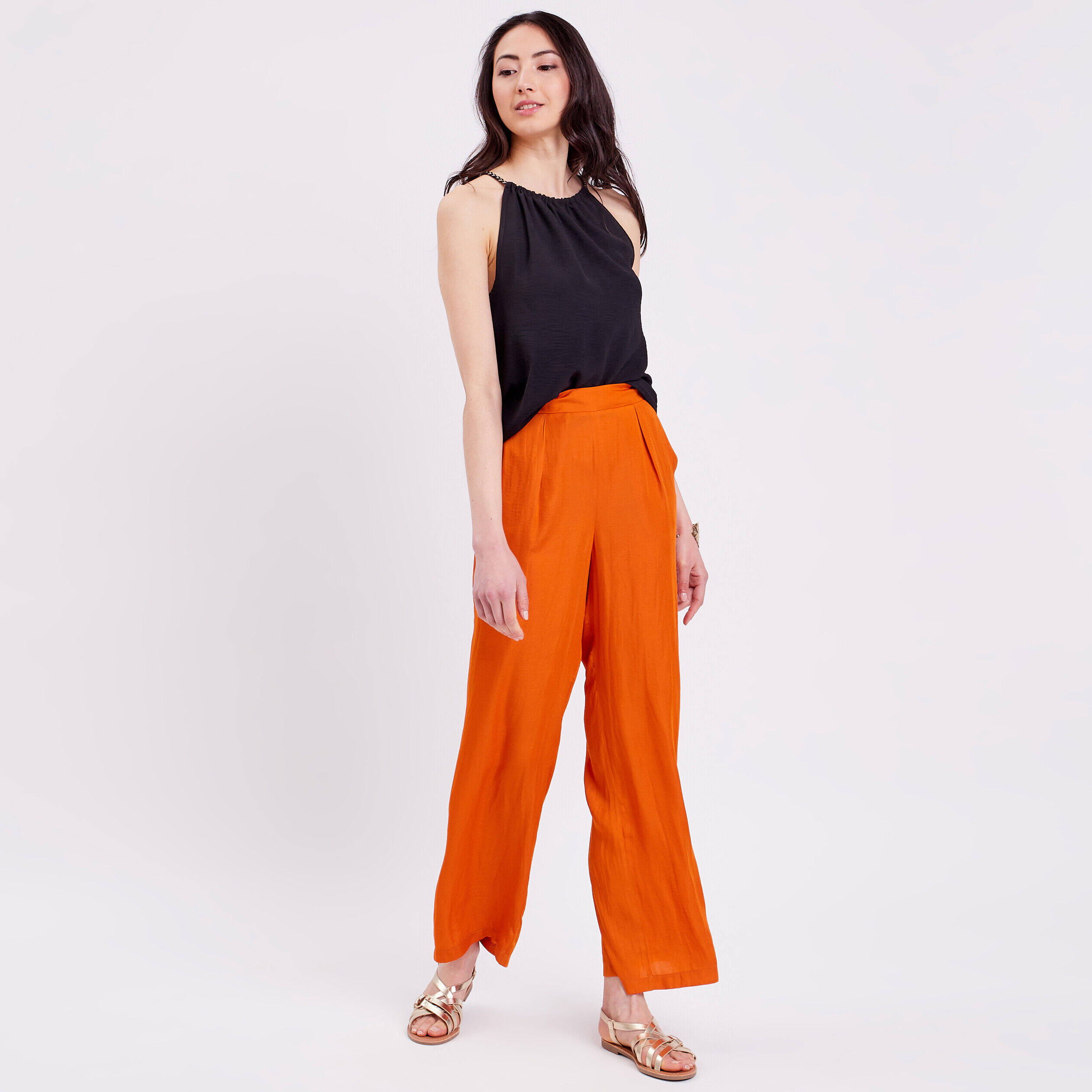 Pantalon city large satin orange femme | Cache Cache