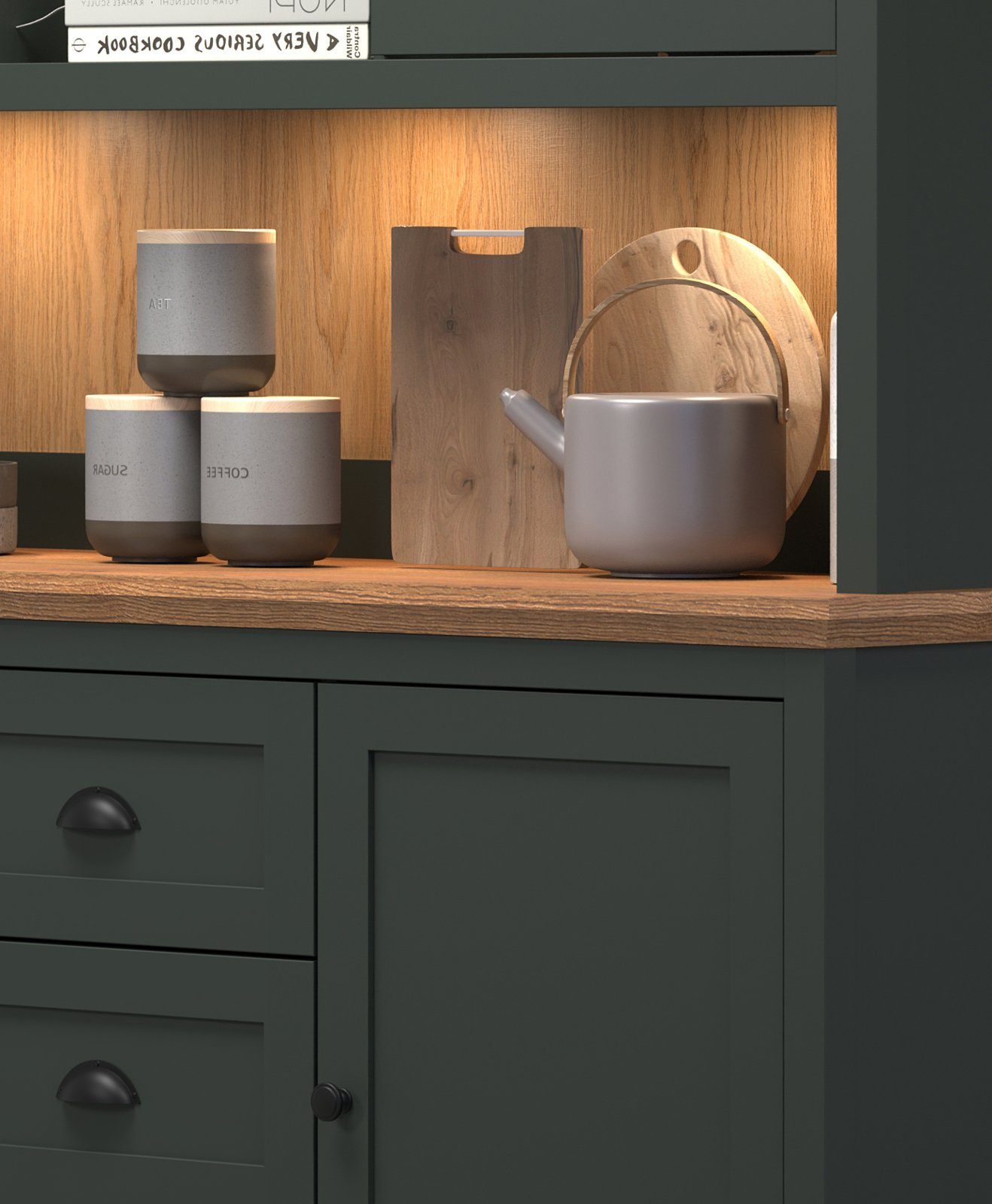 trendteam Buffet Stanton (Buffetschrank in Landhaus grün mit Eiche, 146 x 198 cm) mit LED Beleuchtung