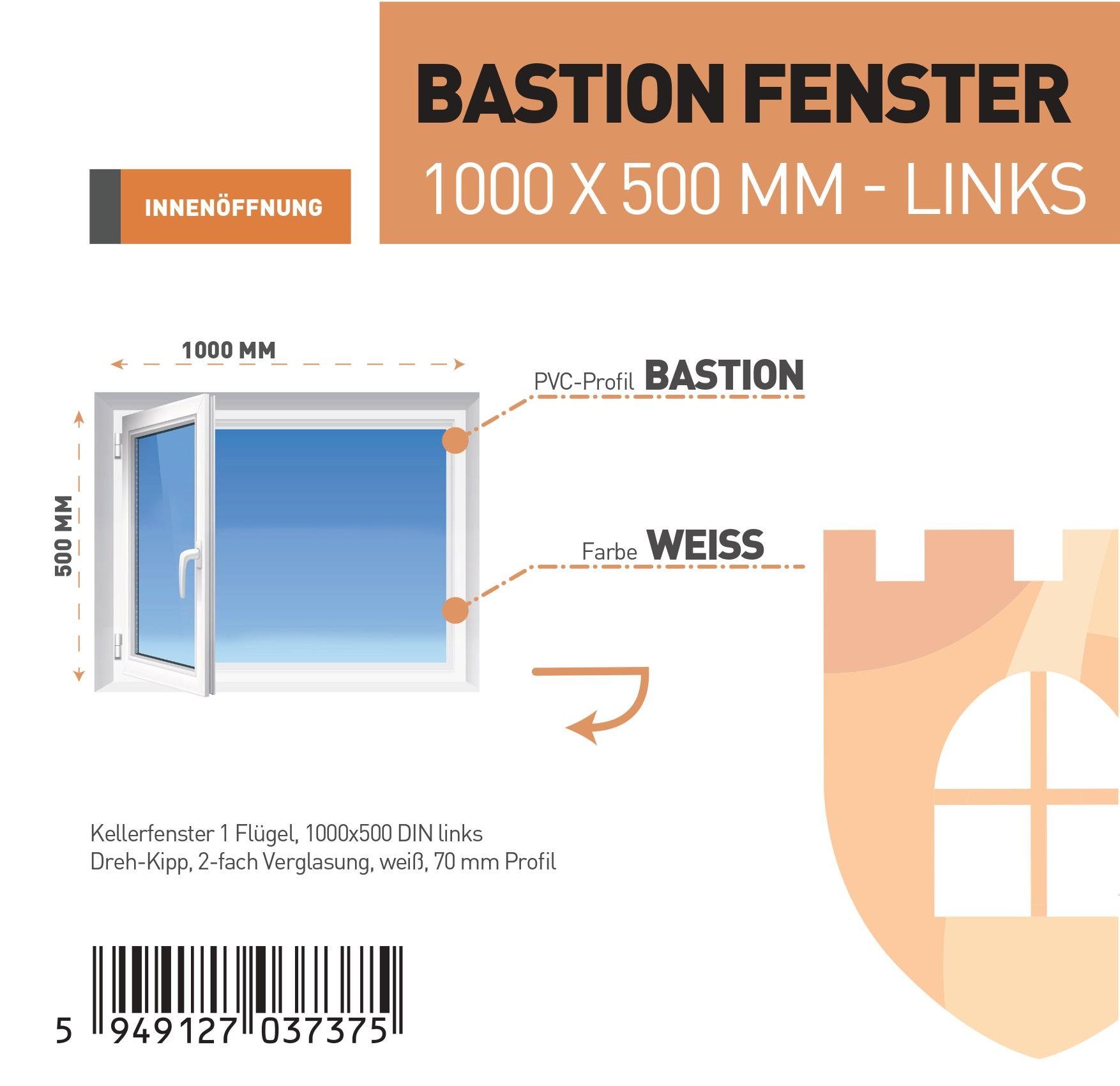 SN DECO GROUP Kellerfenster 1 Flügel 1000x500 Dreh-Kipp 2-fach Verglasung weiß 70 mm Profil, (Set), RC2 Sicherheitsbeschlag