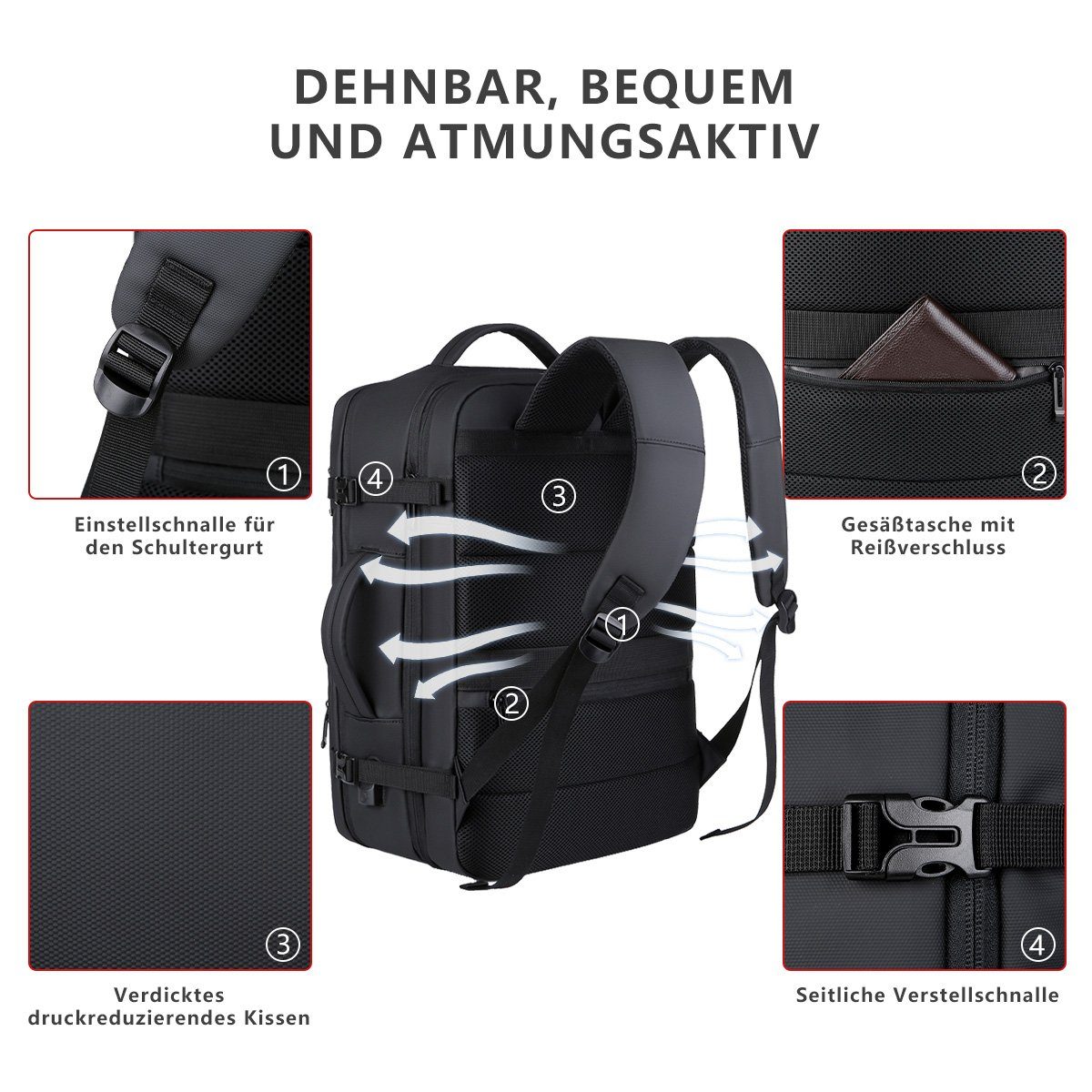 7Magic Reiserucksack Großer Erweiterbarer Laptop Rucksack Schulrucksack Laptoptasche (mit USB Ladeanschluss Anti Diebstahl Business Arbeit Reisen), für Teenager Notebook College Damen, Herren,Schwarz