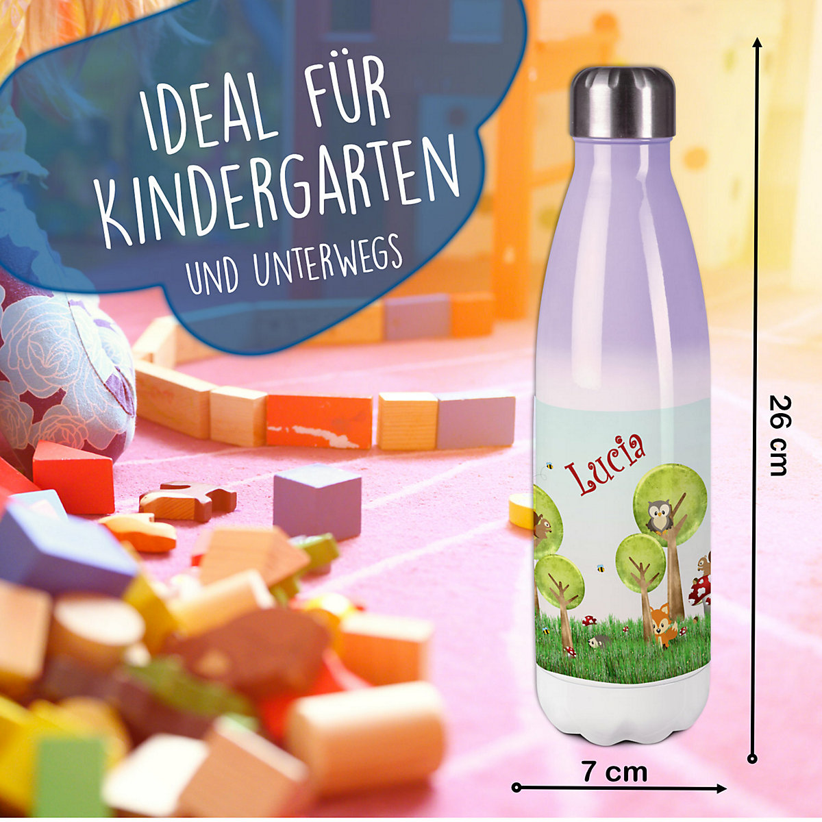 Edelstahl Kinder Thermoflasche / Trinkflasche bunt Waldwiese Spülmaschinenfest, Auslaufsicher, Bruchfest, Doppelwandig, Für Heißgetränke geeignet, Mit Deckel, Isoliert