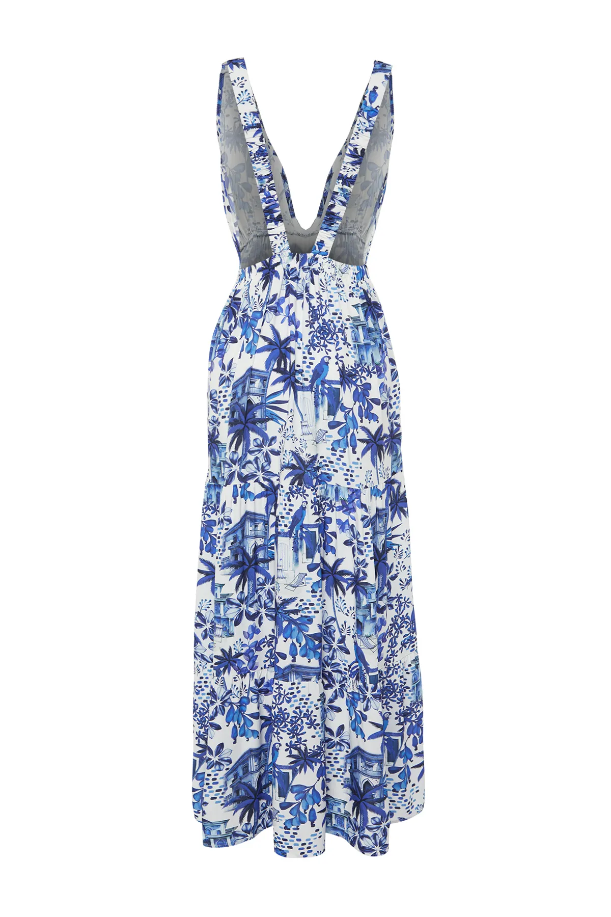 Trendyol Collection  Rückenfreies Maxi-Strandkleid aus Webstoff mit tropischem Muster TBESS24EL00009