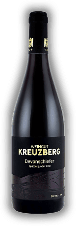 Kreuzberg, Spätburgunder Devonschiefer, Qualitätswein, trocken, 2021, Ahr  Kreuzberg, Spätburgunder Devonschiefer, Qualitätswein, trocken, 2021, Ahr  Kraftvoll, mit ausgeprägter dunkler Frucht und deutlichen Gewürznoten. Jahrgang 2021 - 0,75	 Liter -