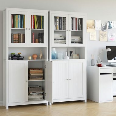 Homfa Hochschrank 190cm Vitrinenschrank, Bücherschrank mit 4 Türen, Buffet, Weiß