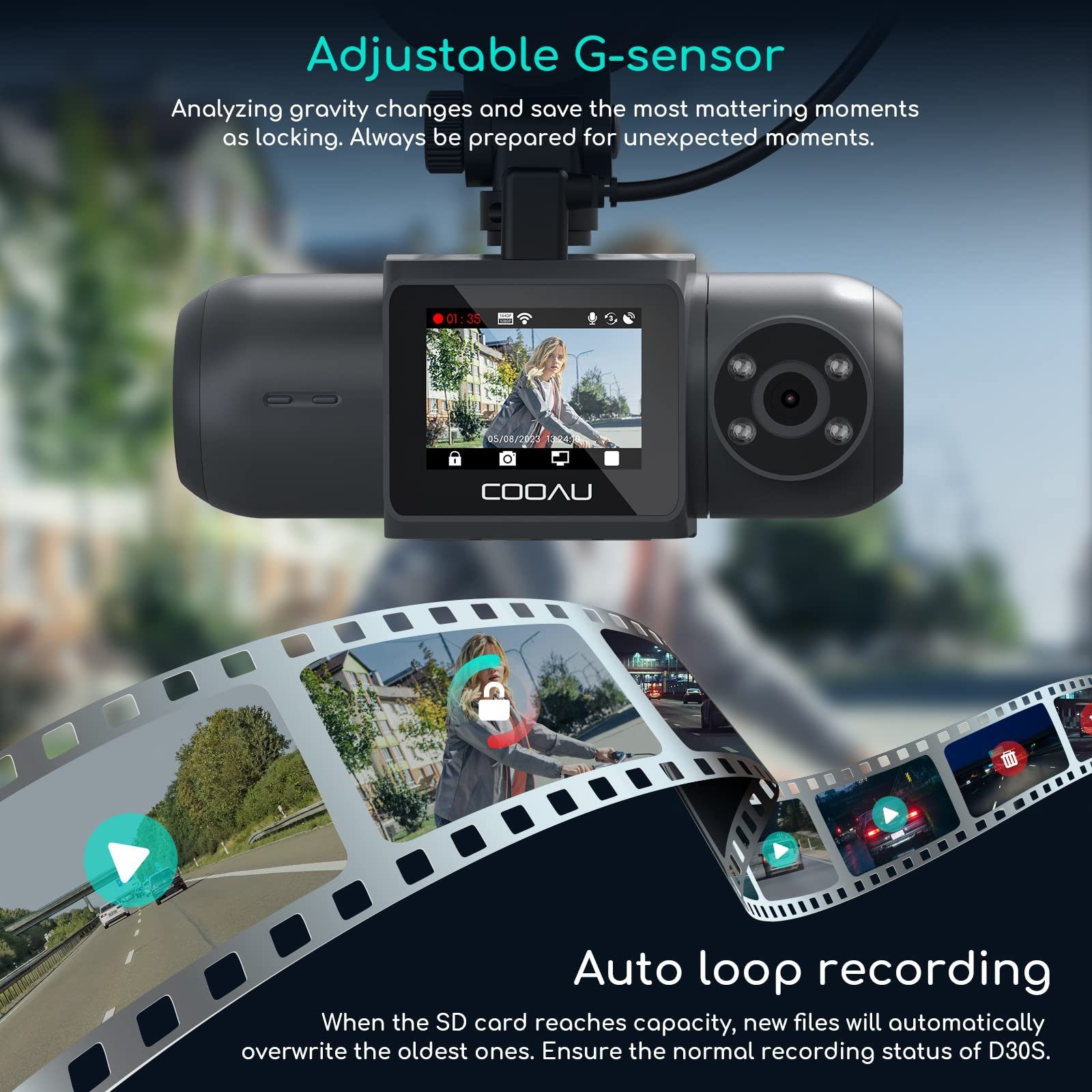 COOAU Dual Dashcam FHD Frontkamera+Heckkamera mit WiFi GPS Track Dashcam (FHD, 150°Weitwinkel Dash Cam,Volles 6G + 1iR-Objektiv,Überlegene Nachtsicht, Mit Sony-Sensor,Nachtsicht,Parkmonitor und Bewegungserkennung)