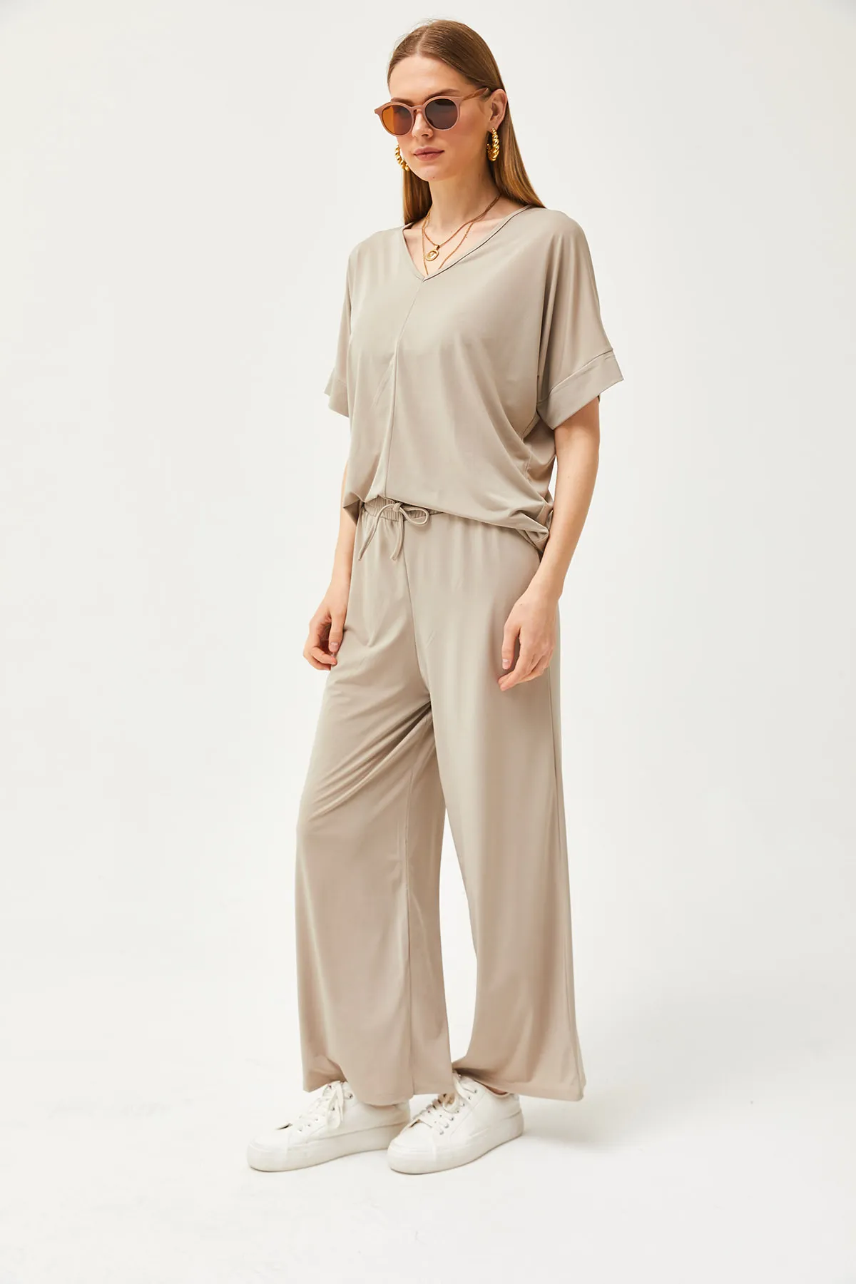 Olalook  Damen Beige Top Bluse Unterteil Palazzo Locker Strick Set TKM-19000267