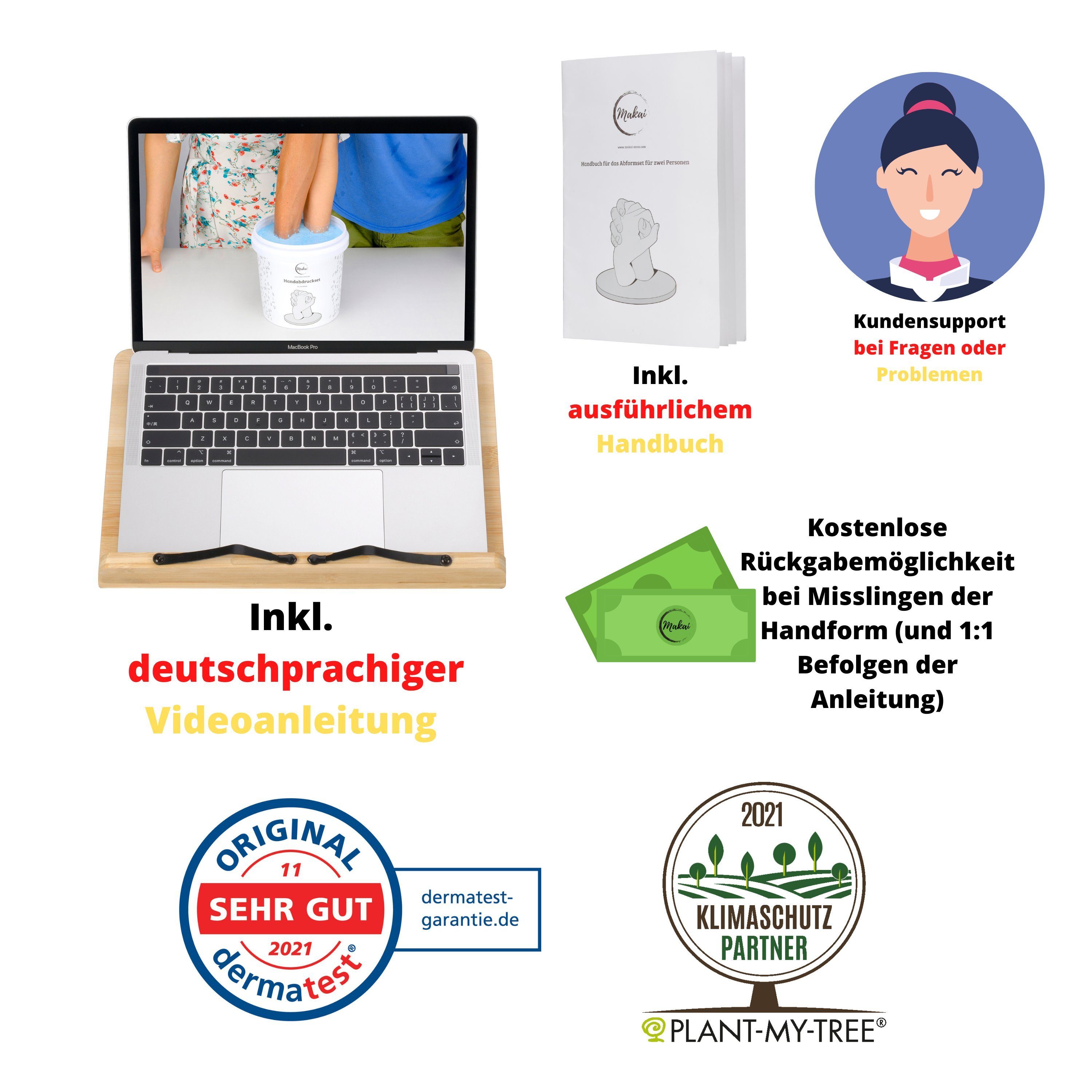 Makai Bastelnaturmaterial Premium 3D Handabdruck Set für zwei Personen, Geschenk für Paare und Familie aus feinstem Alginat und Alabastergips