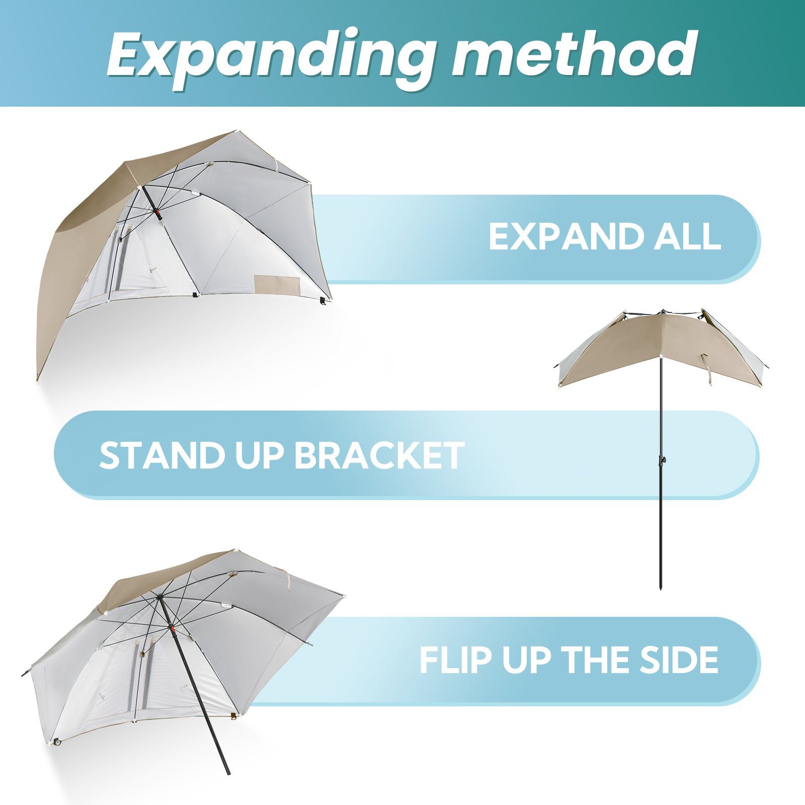 HOMECALL Strandmuschel mit umbrella system UV-resistentes 50+ Khaki, Umfunktionieren zum Sonnenschirm Strandschirm, für 2-3 Personen