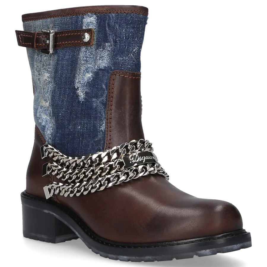 Dsquared2 - Cowboy-/ Bikerstiefeletten Denim Kalbsleder Zierkette Zierschnalle blau braun - braun