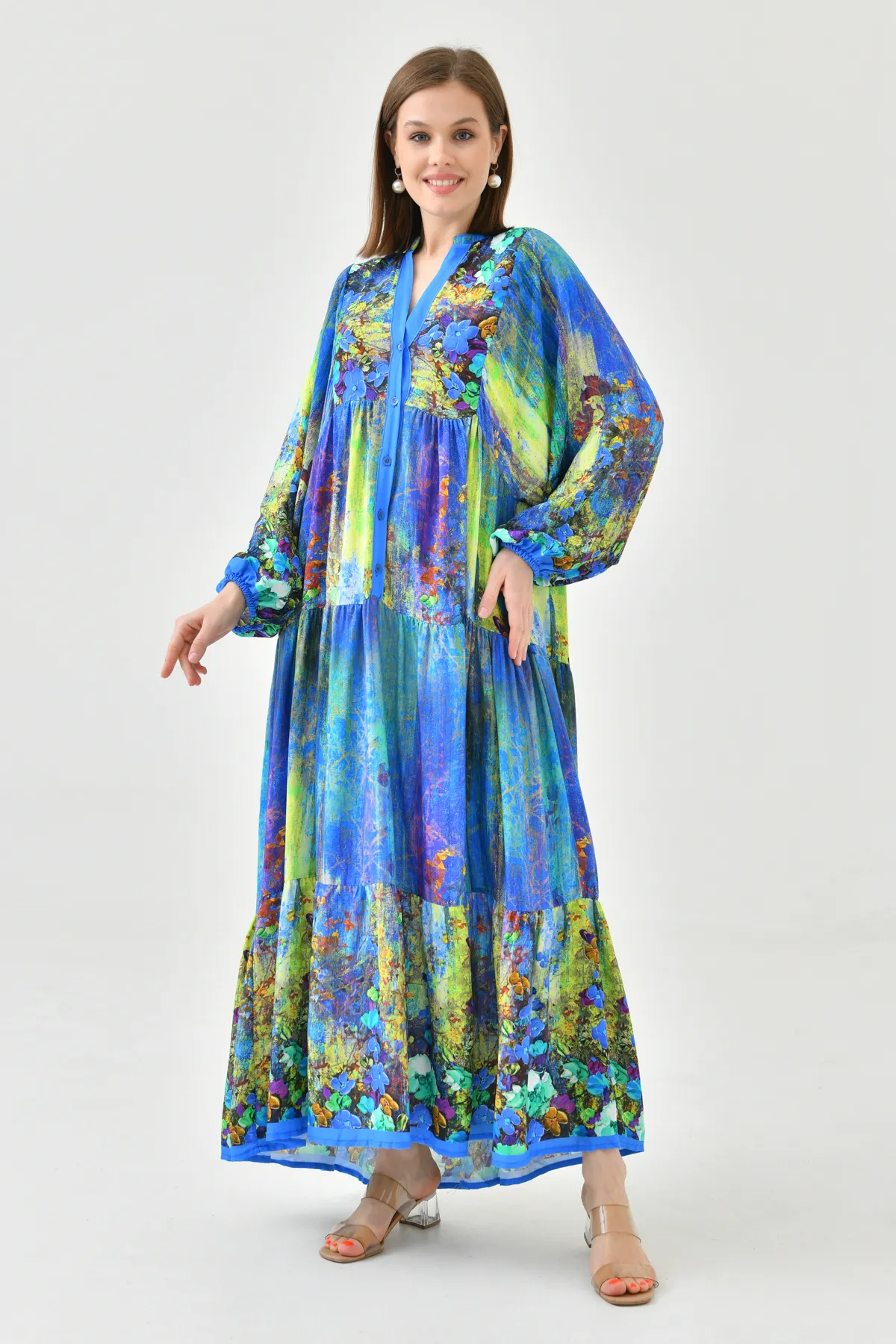 lovebox  Blumengemustertes, geknöpftes, vorherrschendes Kragen-Ballonärmel-Sommerkleid in Midi-Länge, weit ausgestellter Schnitt, 036
