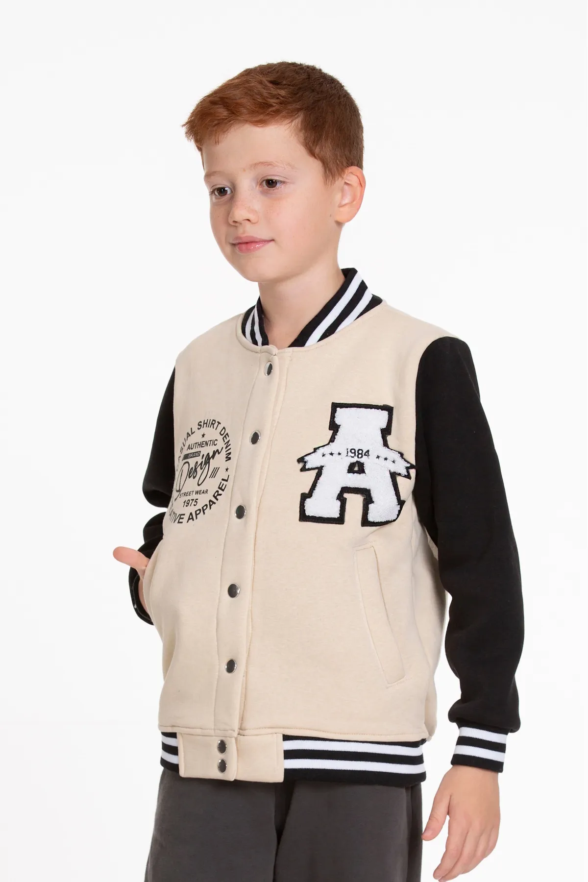AHENGİM  Jungen-College-Jacke, groß, bedruckte Bomberjacke mit geknöpftem Druckknopfverschluss, Ak2513110